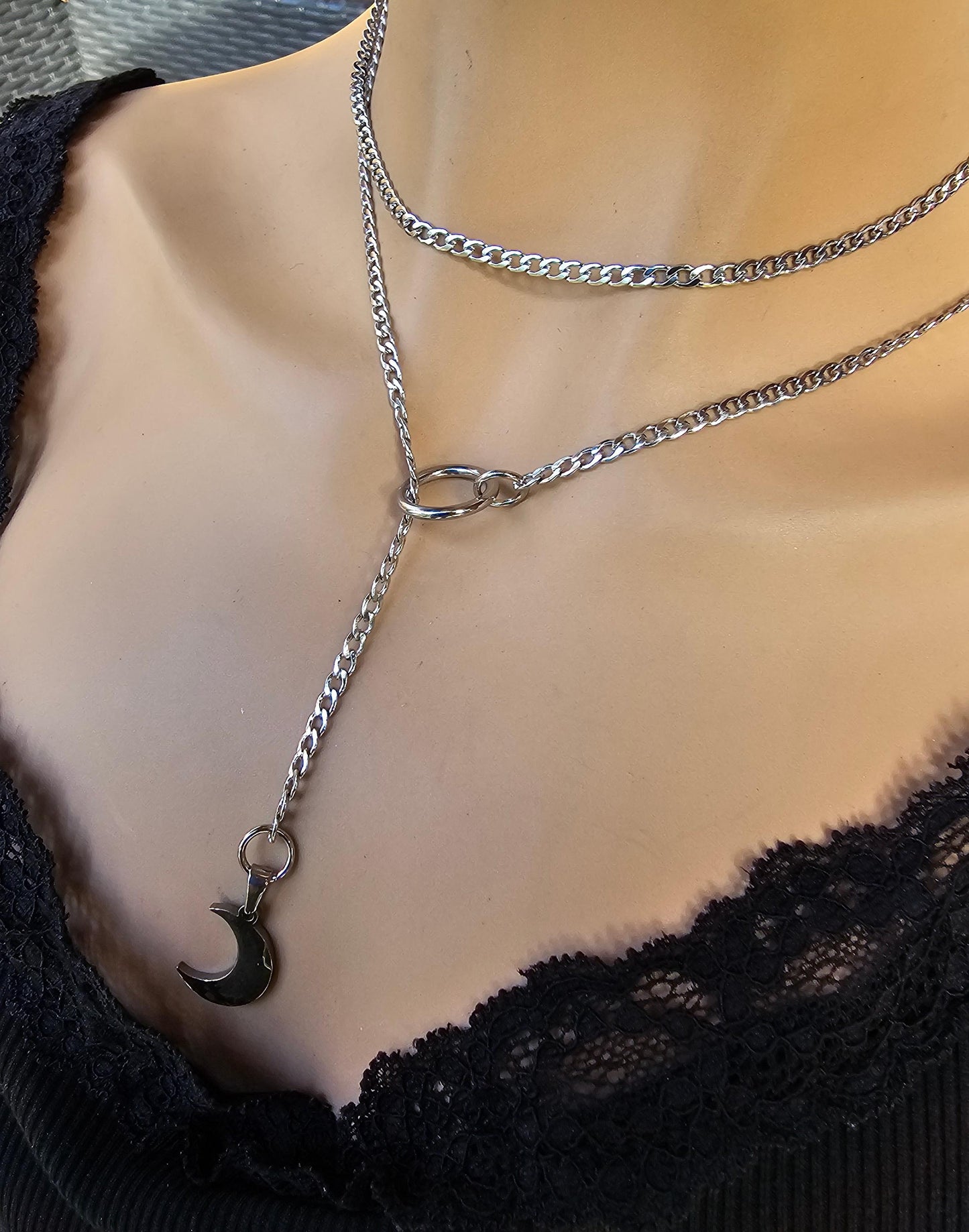 Steel Moon Gothic Lariat Choker Wrap Layer Necklace | Dark Academia and Grunge Pagan Witch Aesthetic statement handmade jewelry gift for her