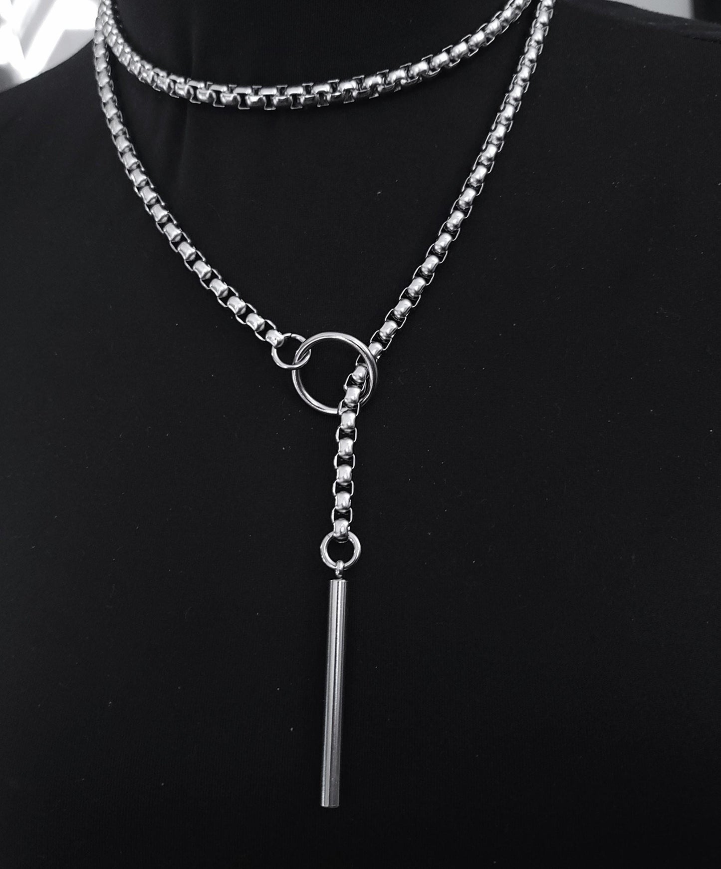 Steel Bar Lariat Layered Slip Chain Choker Collar Necklace | Handmade Multi Layer Wrap Gothic Chunky Chain