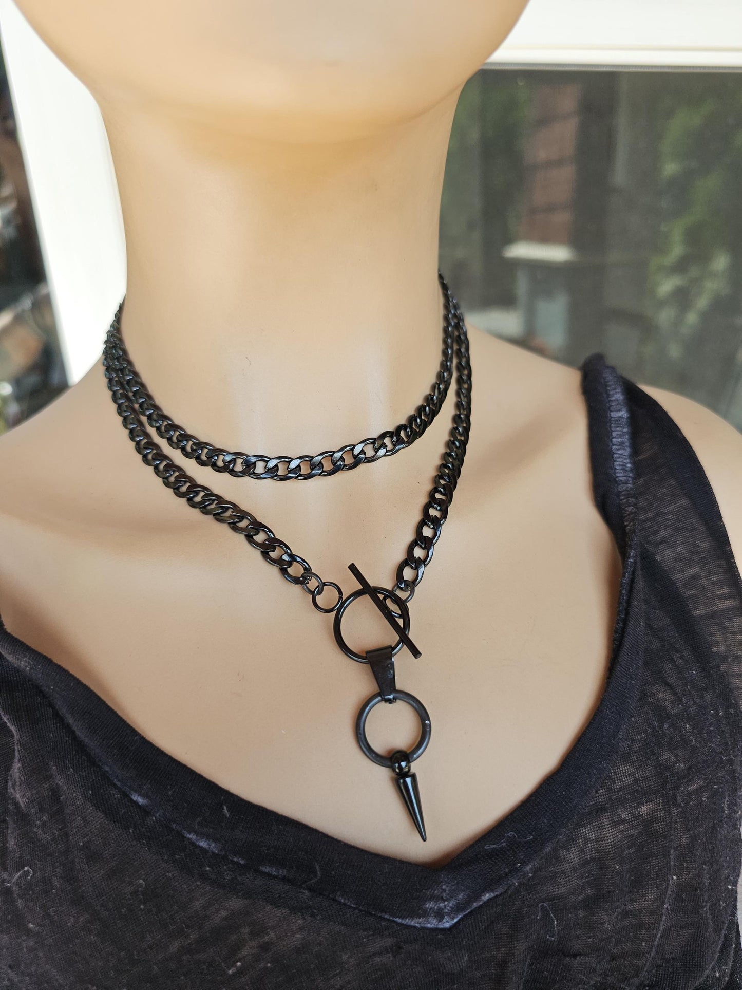 Black Steel Lariat Choker Wrap Necklace Set Spike pendant | Dark Academia Aesthetic statement handmade jewelry gift for her, Punk and Gothic