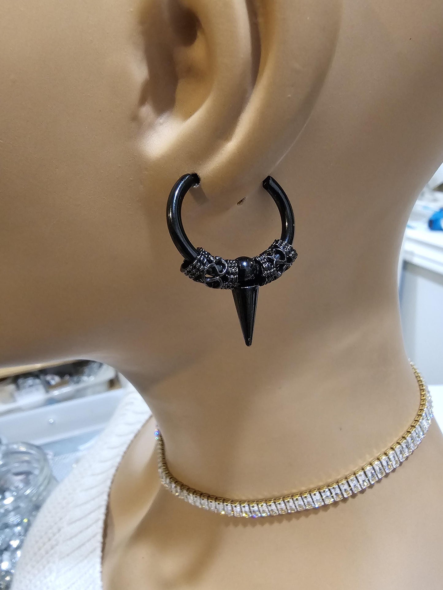 Goth Black Steel Huggie Hoop Punk Spike Dangle Earrings, handmade Gothic grunge jewelry, Y2K jewelry, witchy pagan