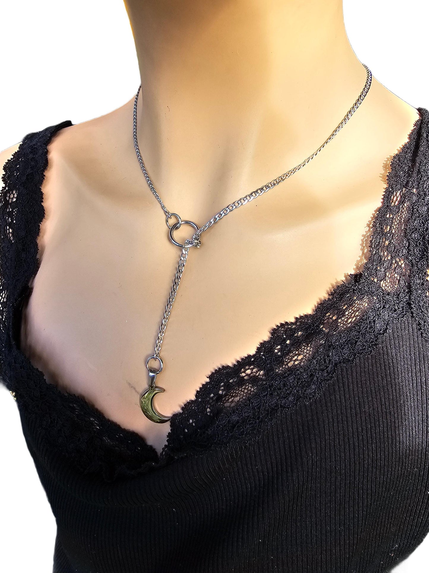 Steel Moon Gothic Lariat Choker Wrap Layer Necklace | Dark Academia and Grunge Pagan Witch Aesthetic statement handmade jewelry gift for her