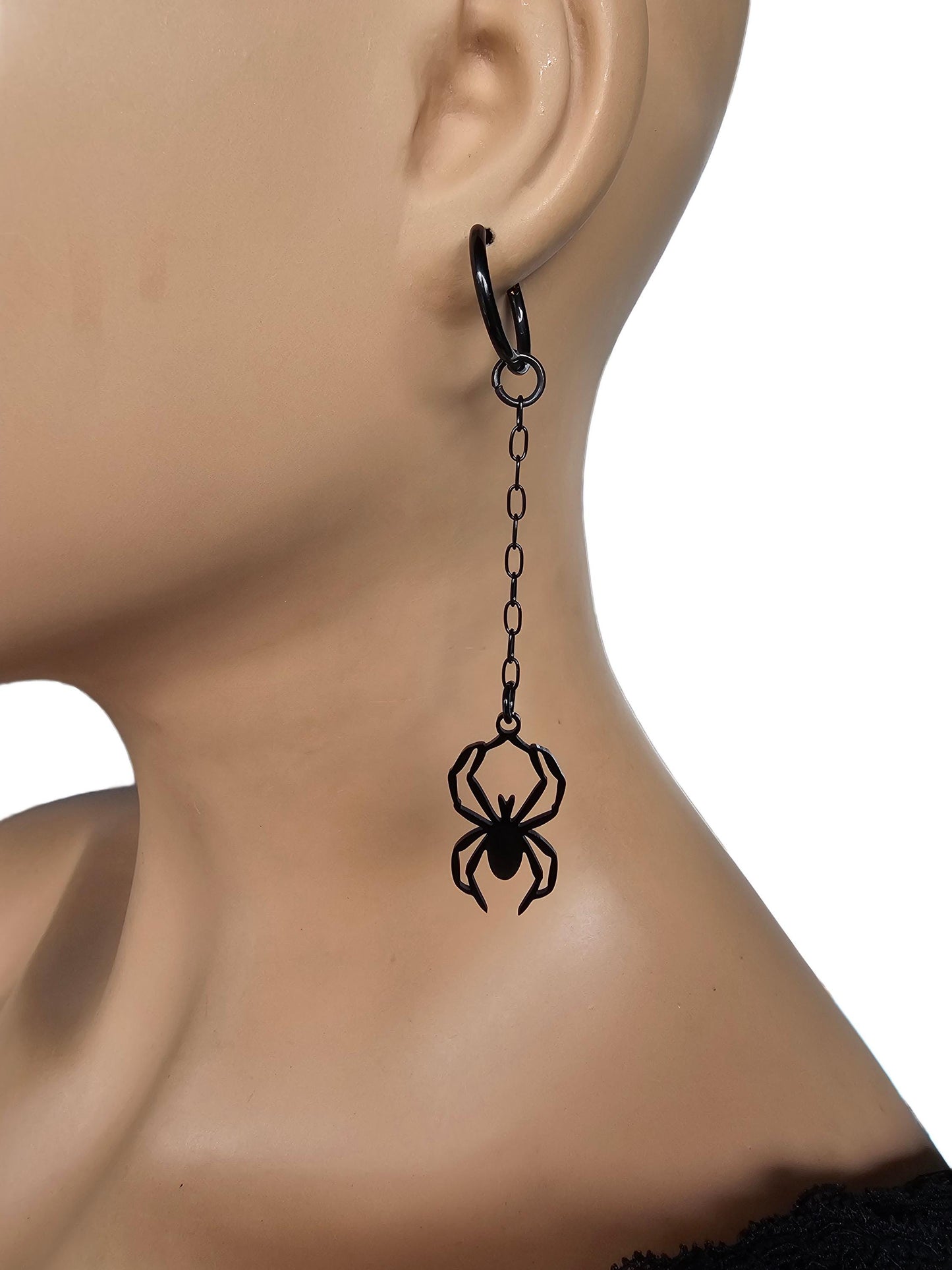 Halloween Spider Goth Black Steel Punk Hug Hoop Dangle Earrings, handmade unusual unique Occult weird Gothic grunge earrings jewelry