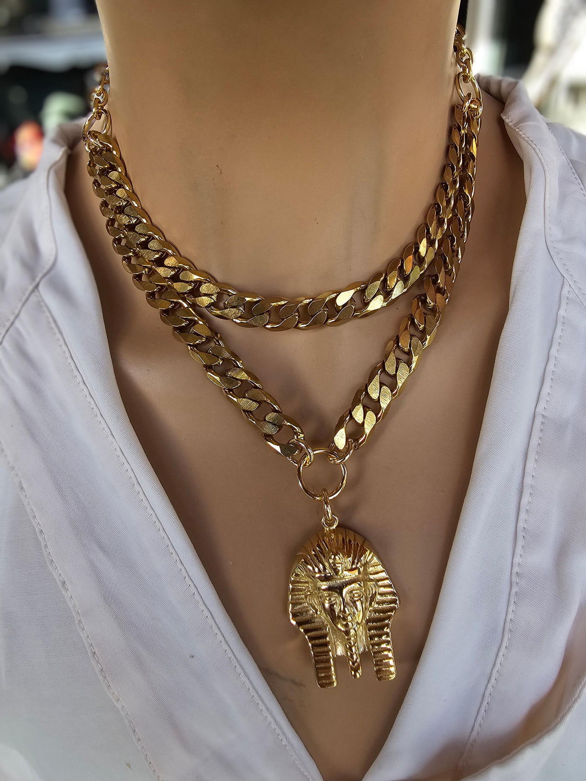 Gold Layered Multi Strand Chunky Chain Statement Choker Pharoah Necklace Set - Handmade Edgy aesthetic stacked jewelry gift for her