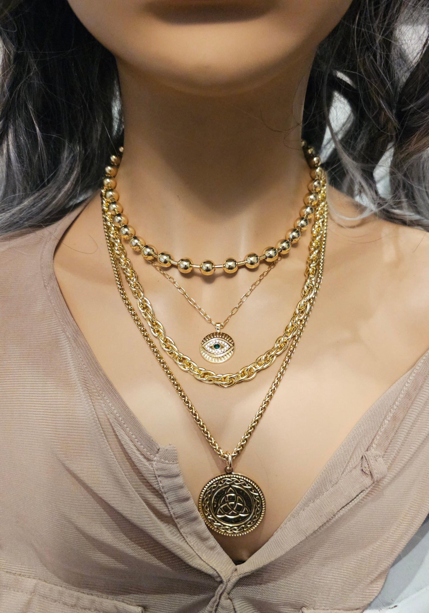 Gold Layered Necklace Set Multi Strand Chunky Triquetra Evil Eye Statement Jewelry - Handmade Luxury aesthetic stacked jewelry gift for her