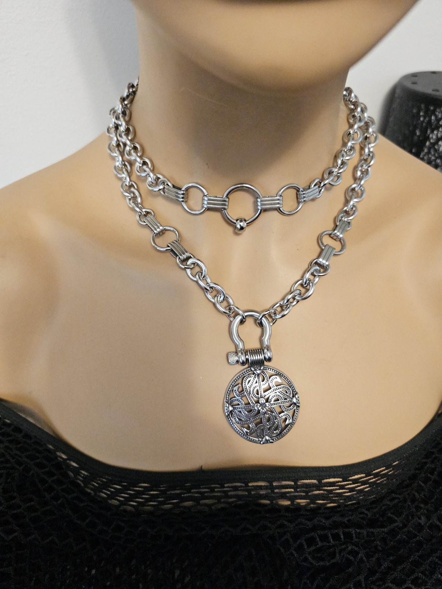 Steel Viking Shield Maiden Layered Chainmail Multi Strand Chain Goth Punk Chunky Edgy Necklace Set | non tarnish Norse jewelry