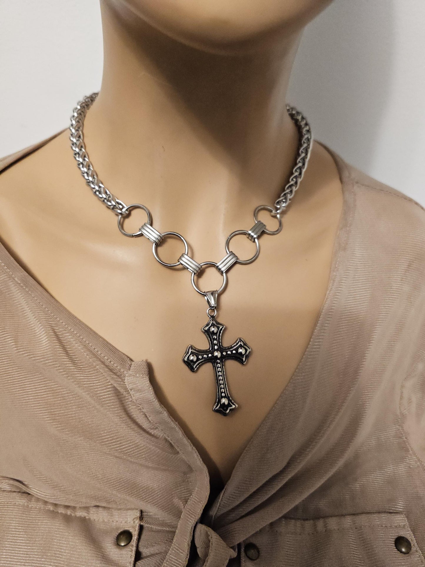 Goth Cross Chainmail Chunky Punk Choker Collar Necklace - Alt Dark Academia Aesthetic, Edgy Grunge Jewelry