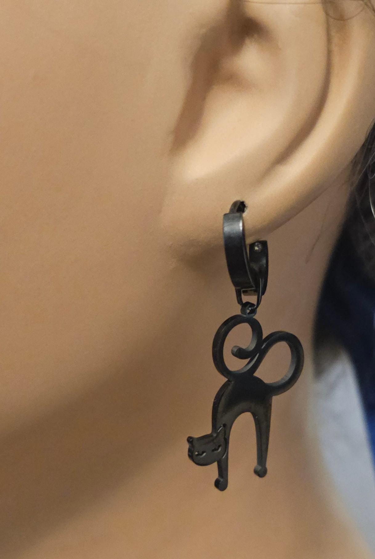 Goth Cat Black Steel Huggie Hoop Punk Dangle Earrings, handmade Gothic grunge witchy pagan jewelry