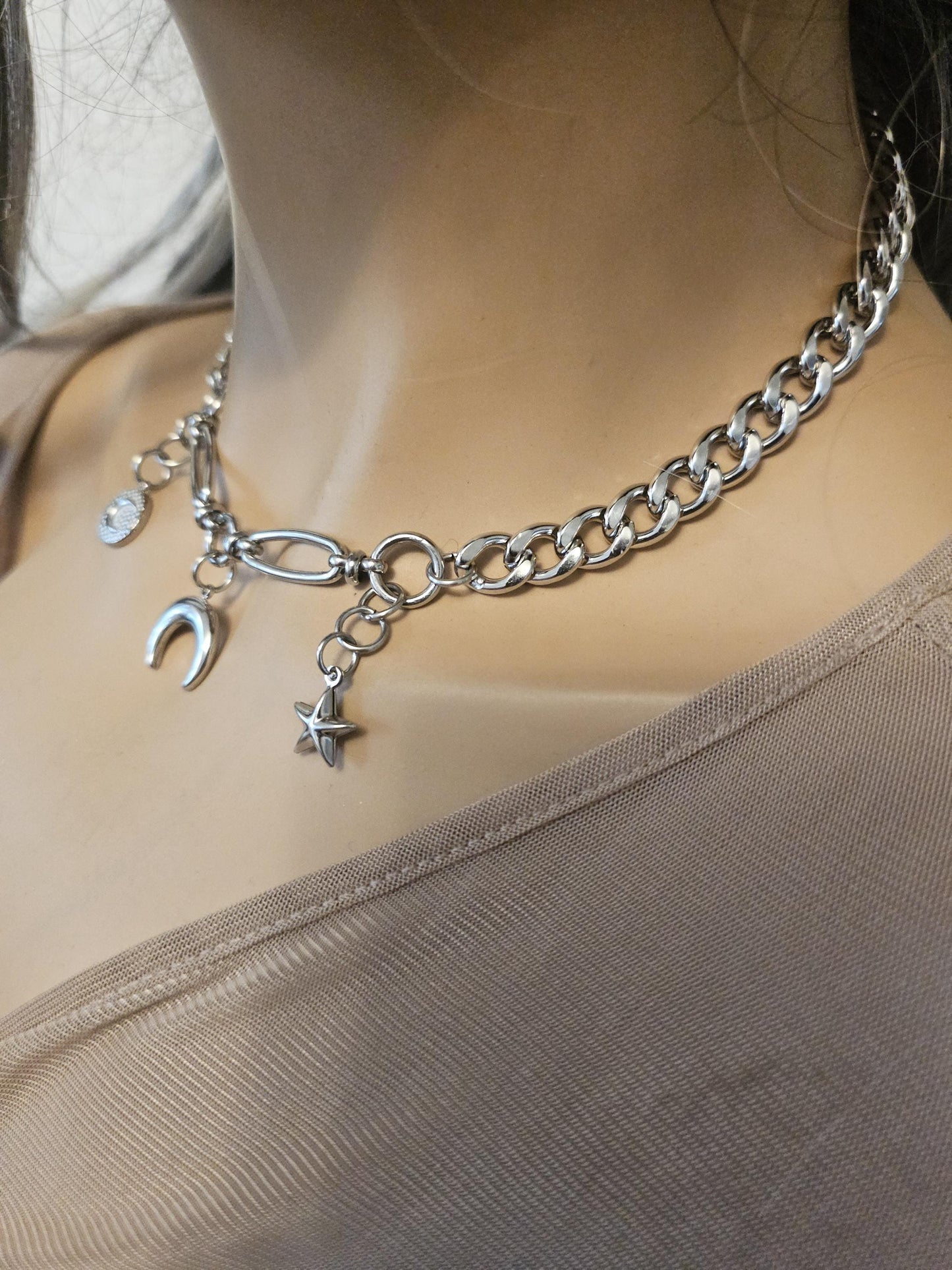 Steel Celestial Witchy Pagan Punk Moon Star Collar Choker Necklace | Witch Aesthetic statement necklace gift for her