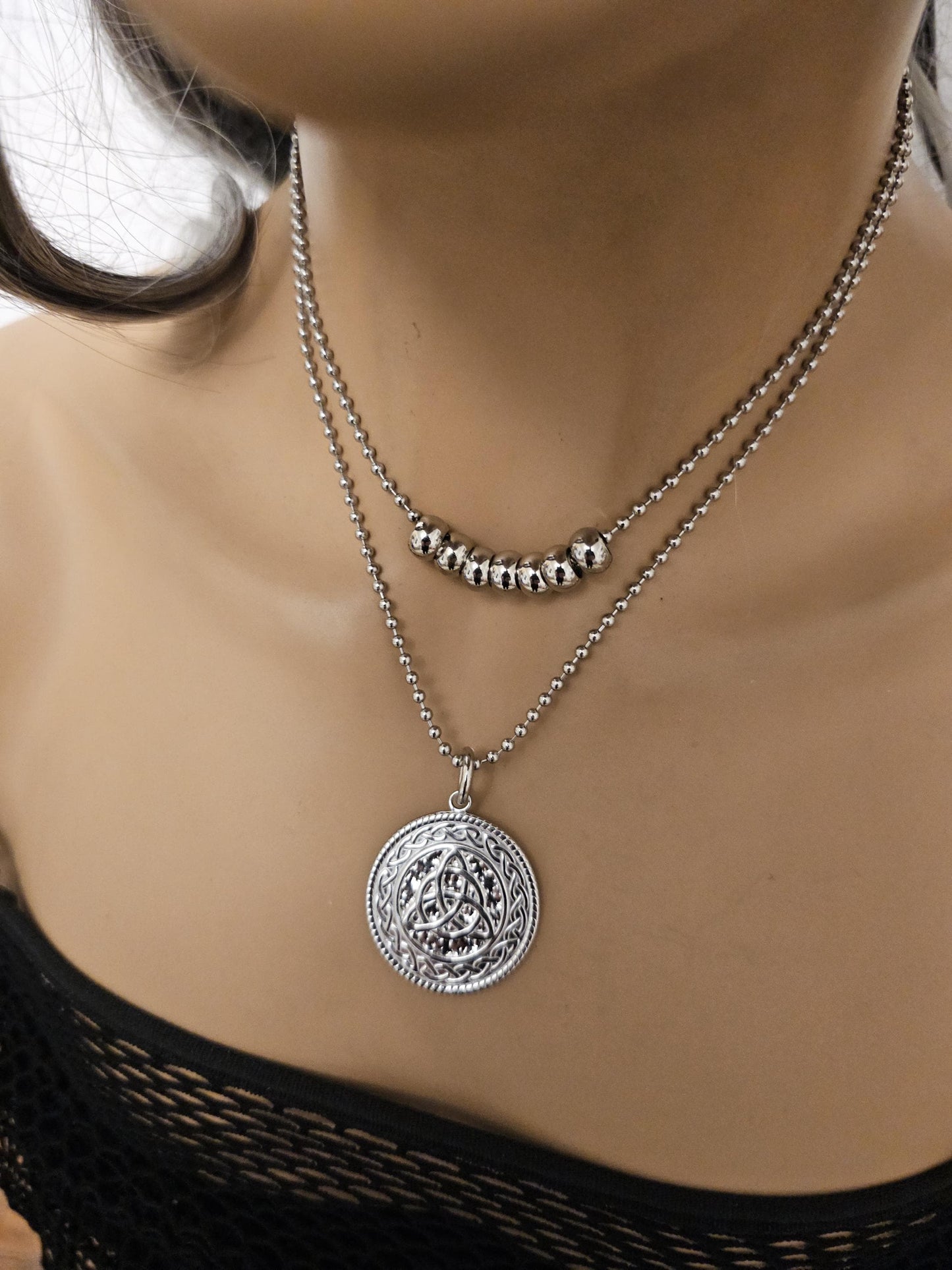 Steel Layered Medallion Triquetra Witch's Knot Multi Strand Chain Necklace Set | non tarnish waterproof Witchy moon jewelry