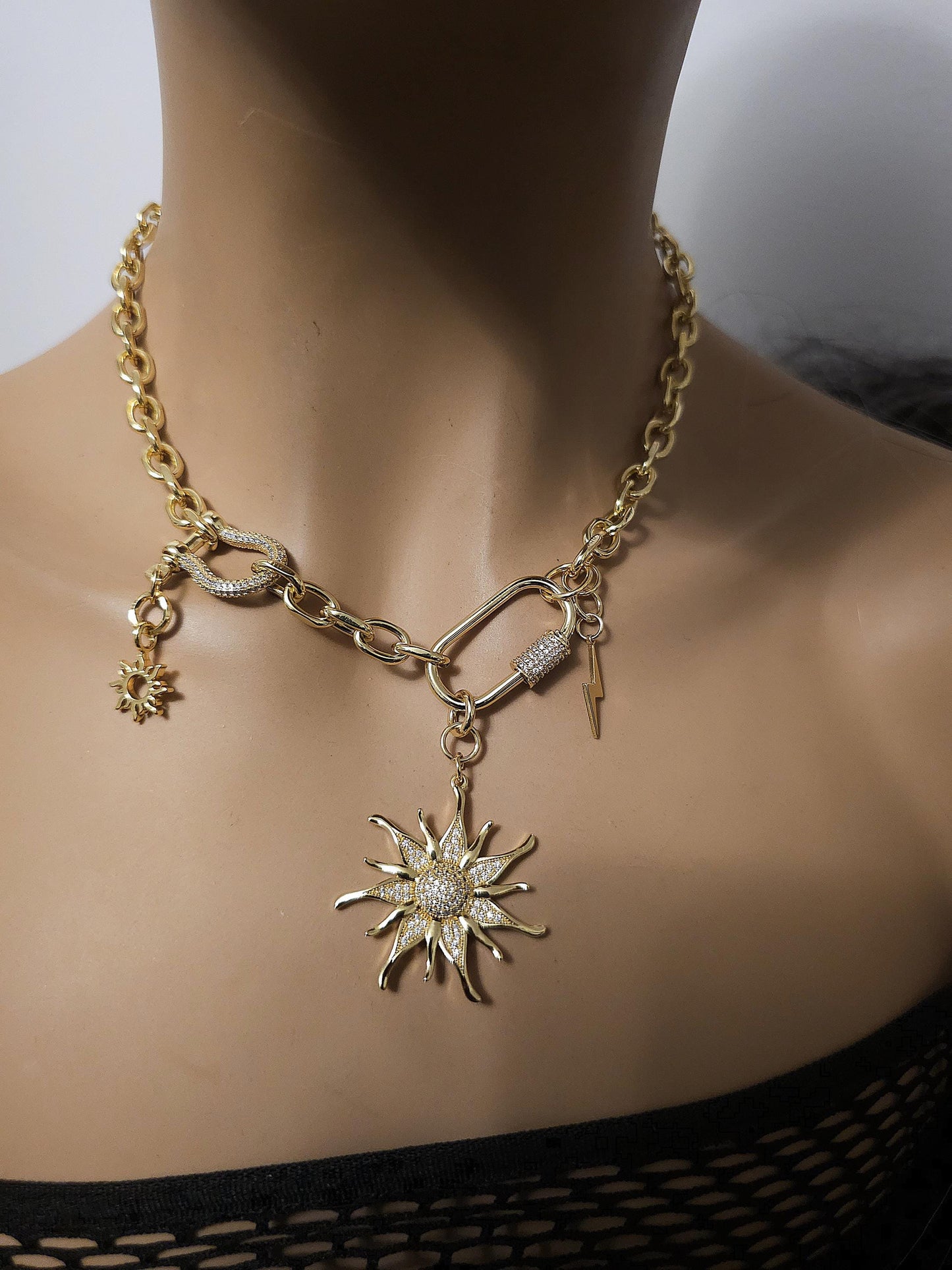 Sunfire Sun Gold Necklace W/ Cubic Zirconia Shackle Locks Pendants Collar Statement Jewelry - Handmade aesthetic jewelry gift for her