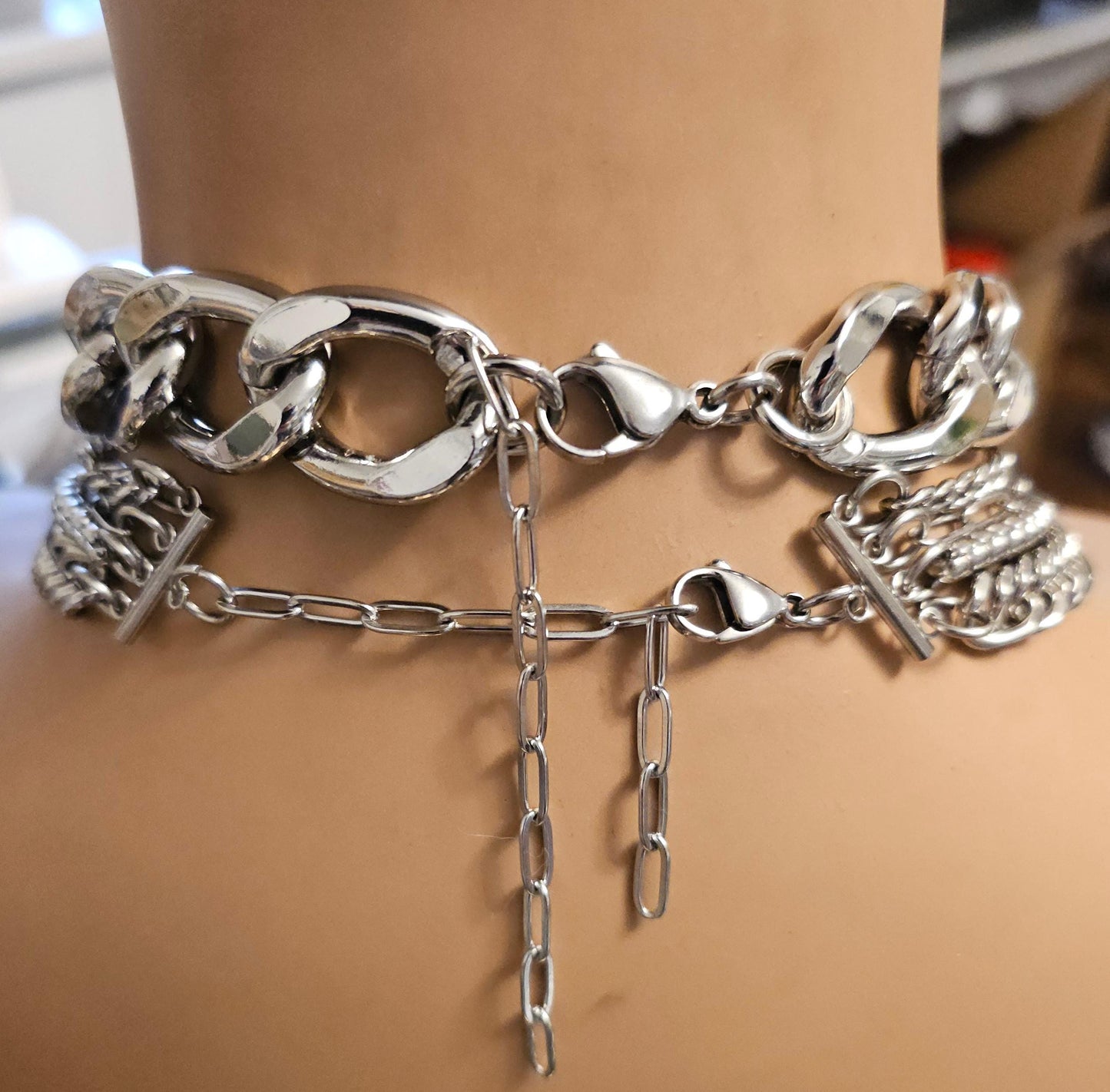 Layered Moon Chunky Chain Double Horn Gothic Choker Collar Necklace Set - non tarnish waterproof Handmade celestial statement jewelry gift