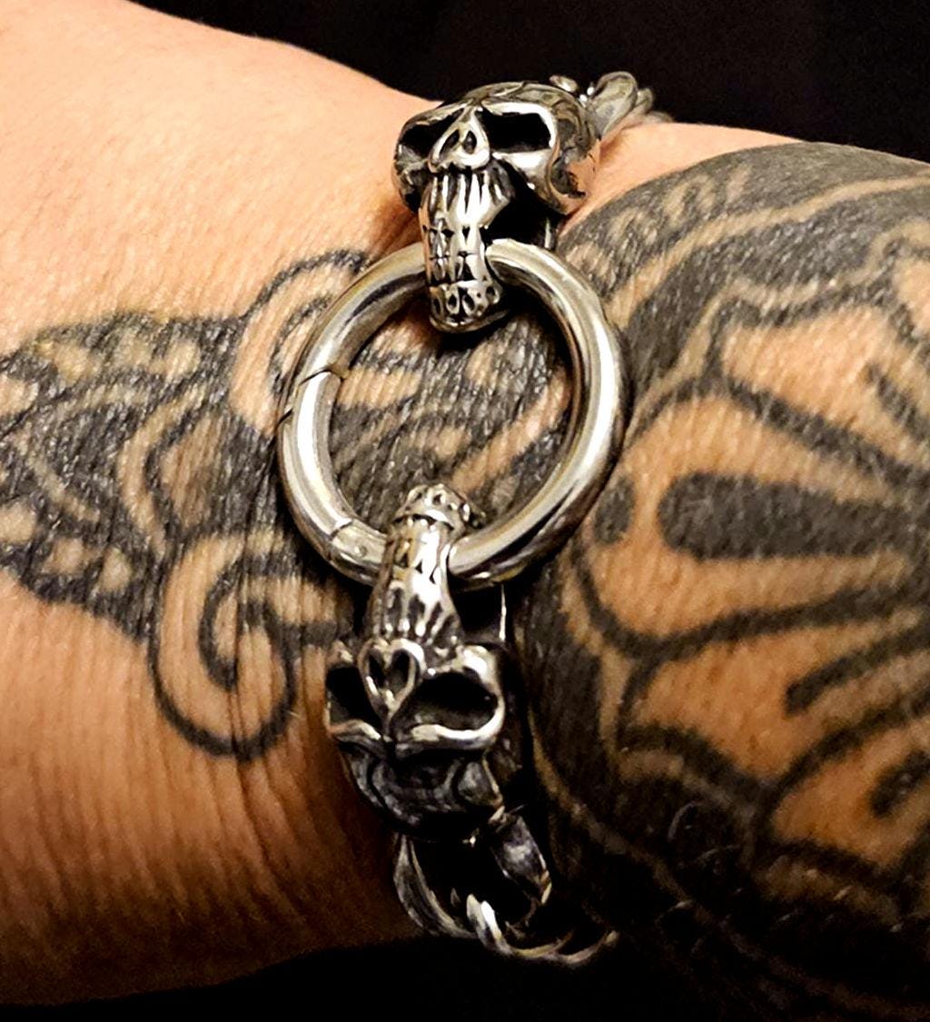 Skulls Chunky Edgy Punk Goth Biker Bracelet - great gift for men or women