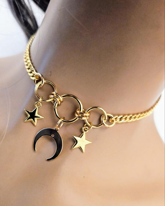 Gold Luxury Day Collar Choker Necklace with Moon and Stars | Luxe Submissive O Ring Jewelry with Permanent Locking Option