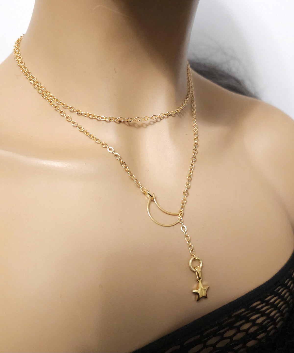 Gold Crescent Moon and Star Lariat Choker Wrap Layer Necklace | Dark Academia Pagan Witch Aesthetic statement handmade jewelry gift for her