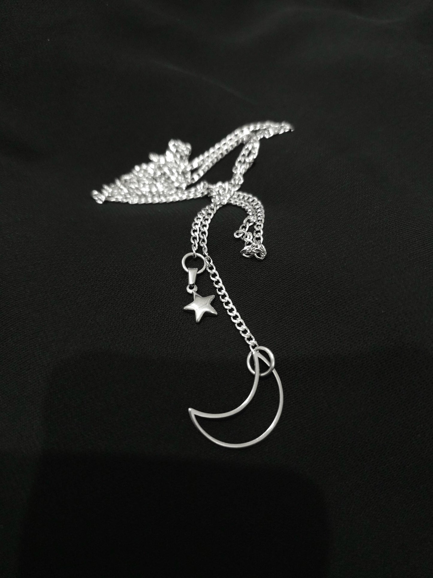 Crescent Moon & Star Steel Lariat Choker Wrap Layered Necklace | Pagan Witch Aesthetic statement handmade jewelry gift for her