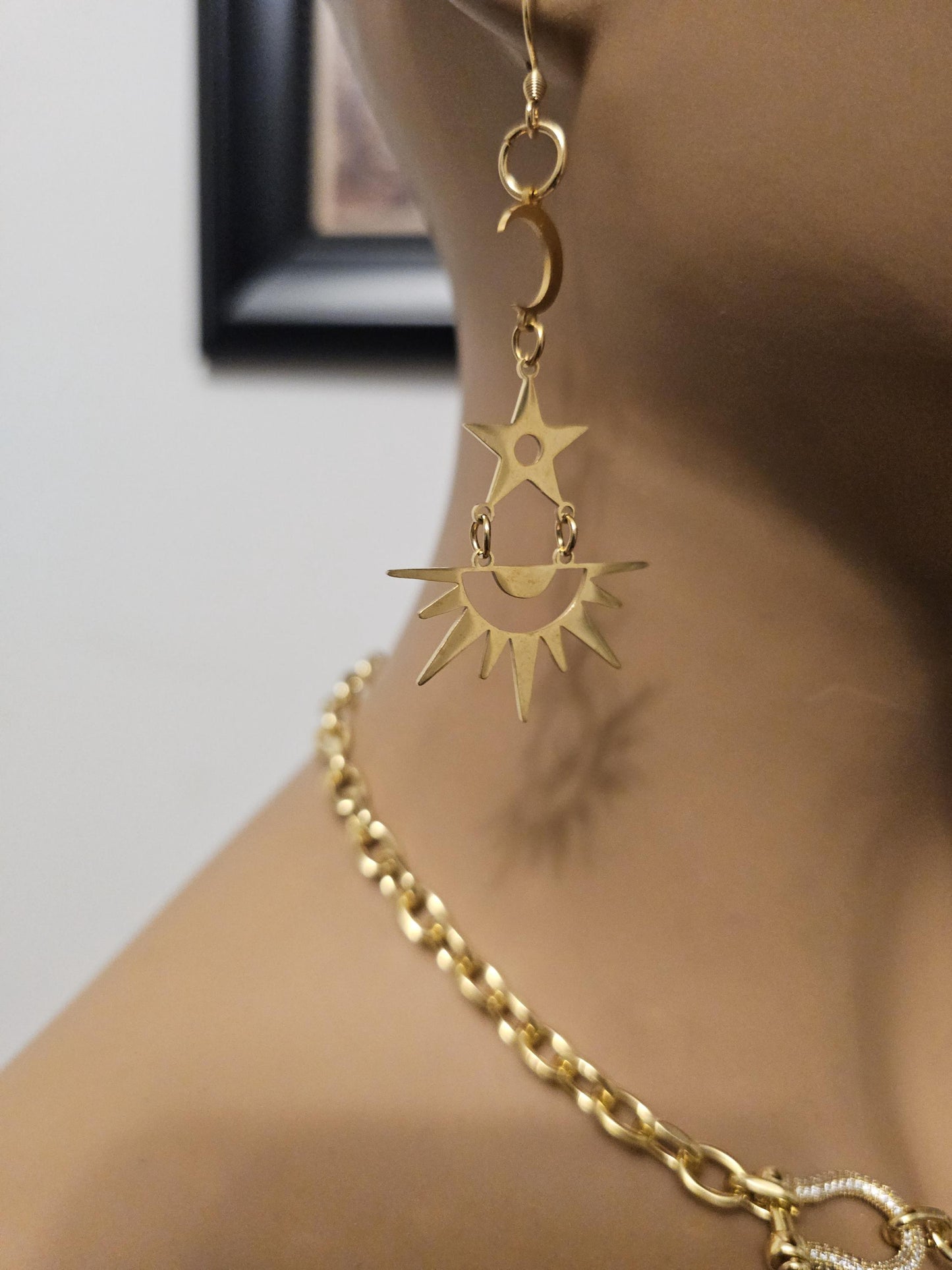 Gold Sun Star Crescent Moon Earthy Pagan Dangle Earrings Pair, handmade celestial jewelry, witchy gift for her