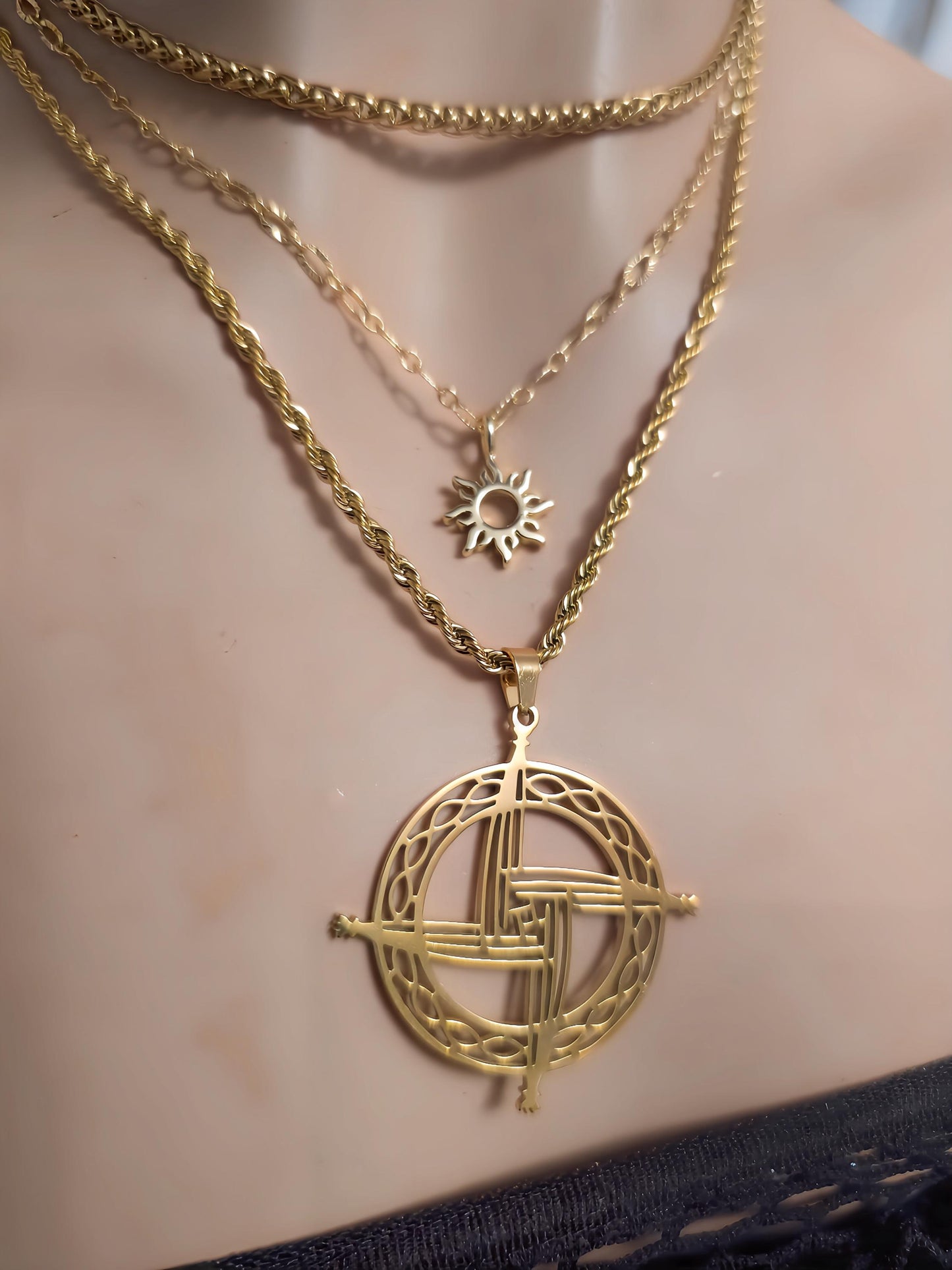 Gold Celtic Brigid's Cross Layered Imbolc Pendant Necklaces Set - Handmade Pagan Sabbat Celebration stacked jewelry gift for her