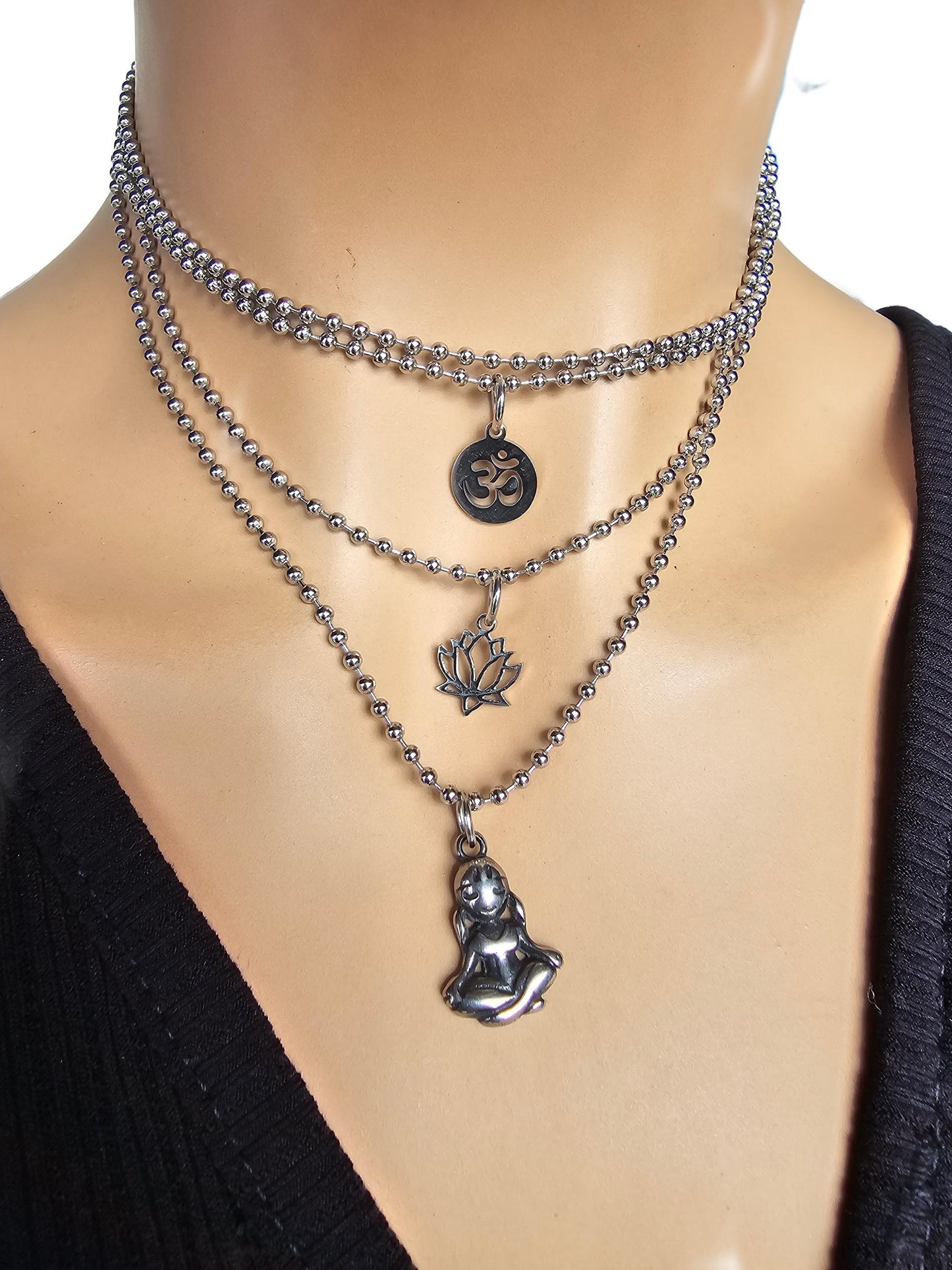 Lotus, Meditation & I'm Pendant Necklaces on Single Ball Chain Wrap Layered Pagan Goth Choker Necklace - Waterproof Punk Grunge Alt Jewelry