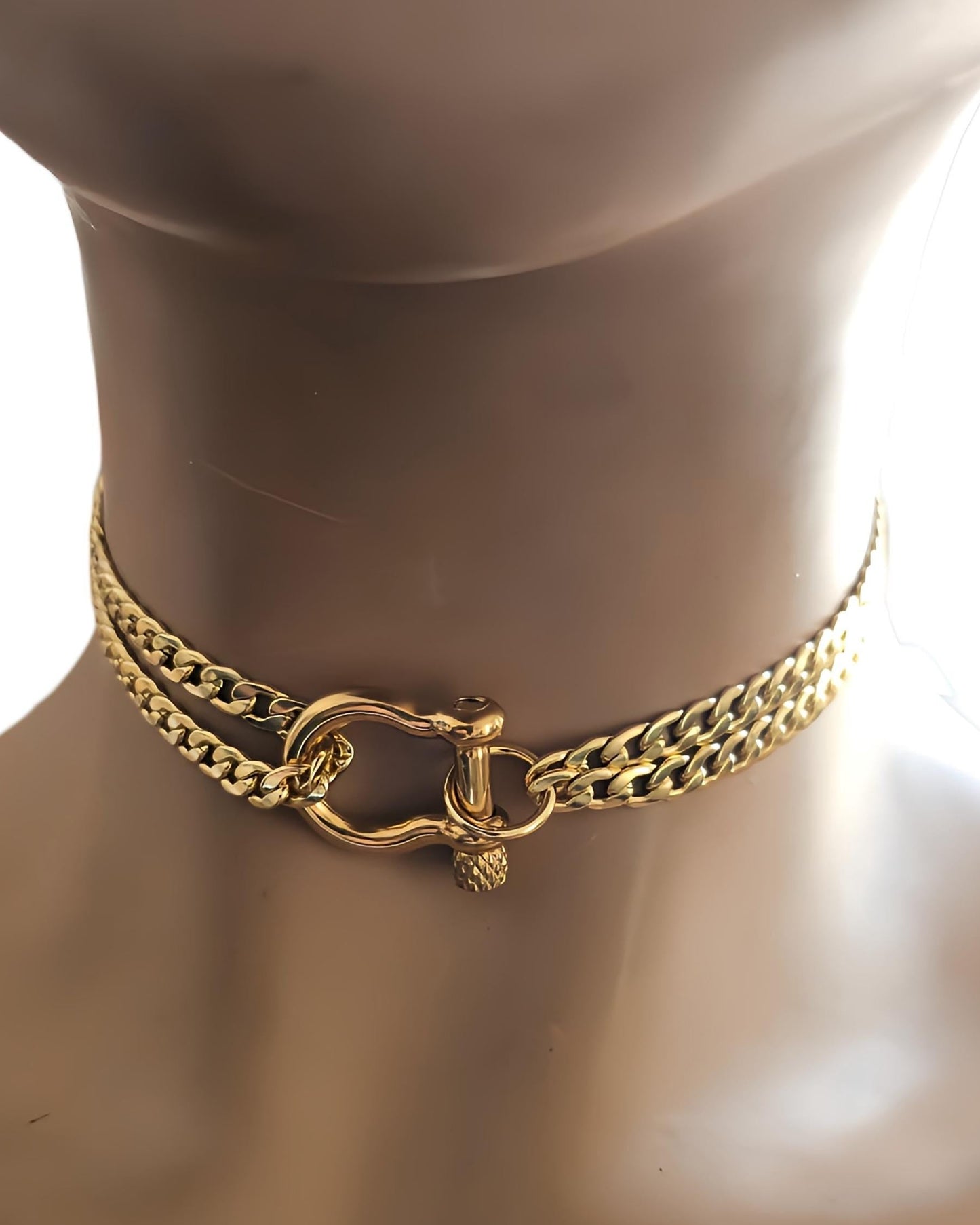Shackle Lock Day Collar Gold Necklace - Chunky BDSM Aesthetic Locking Choker - Bondage Gear aesthetic jewelry with U Lock carabiner
