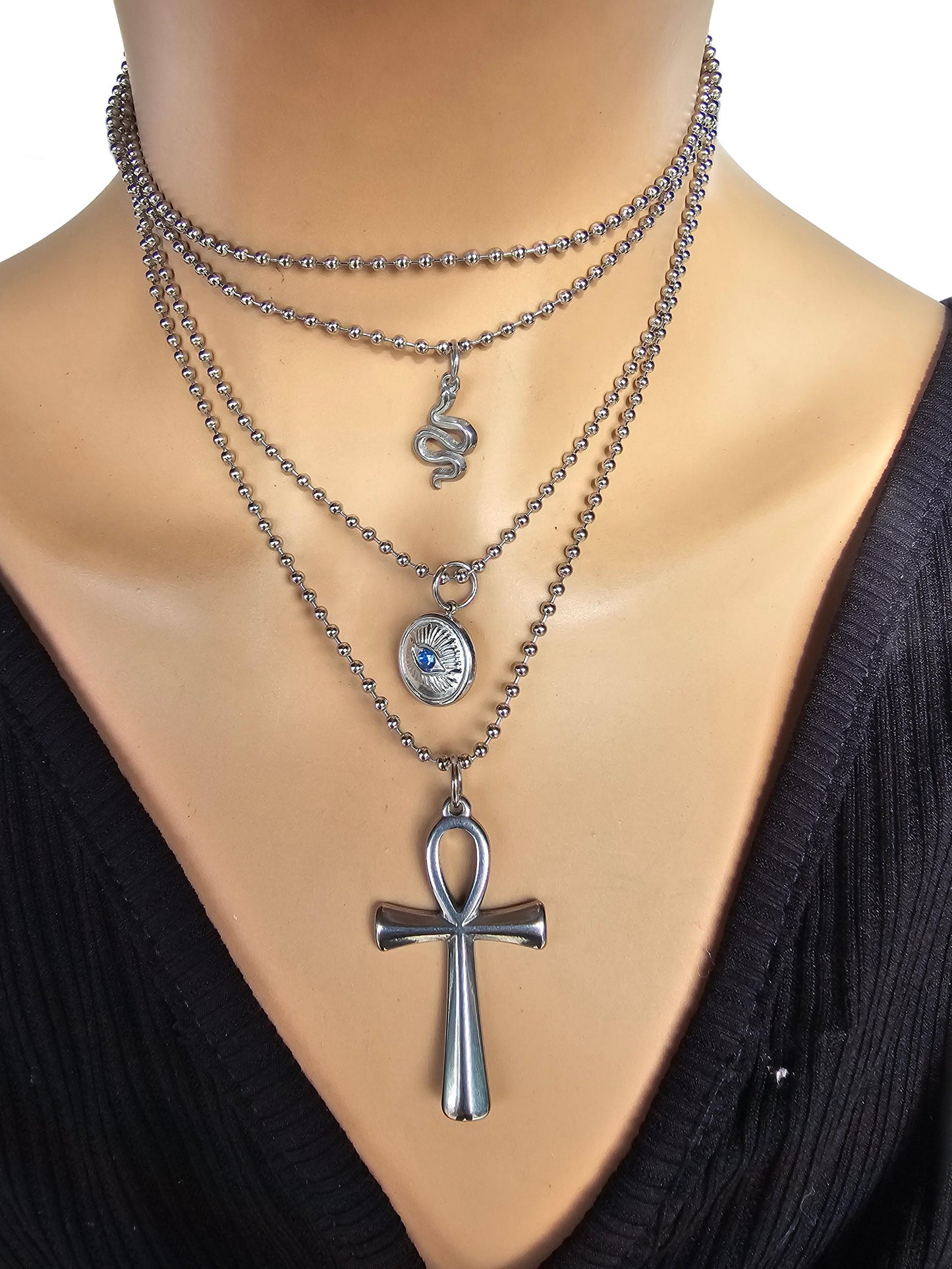 Ankh & Evil Eye Snake Pendant Necklaces on Single Ball Chain Wrap Layered Pagan Goth Choker Necklace - Waterproof Punk Grunge Alt Jewelry