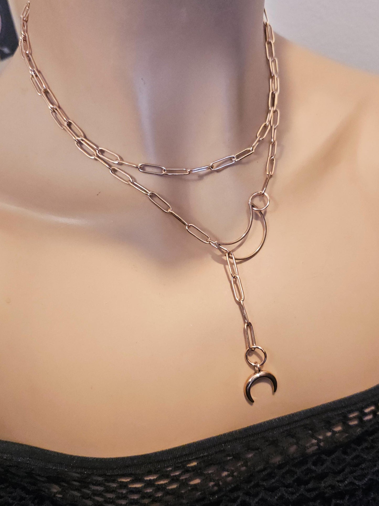 Rose Gold Moon Lariat Slip chain Choker Wrap Pendant Necklace | Dark Academia and Grunge Pagan Witch Aesthetic statement handmade jewelry