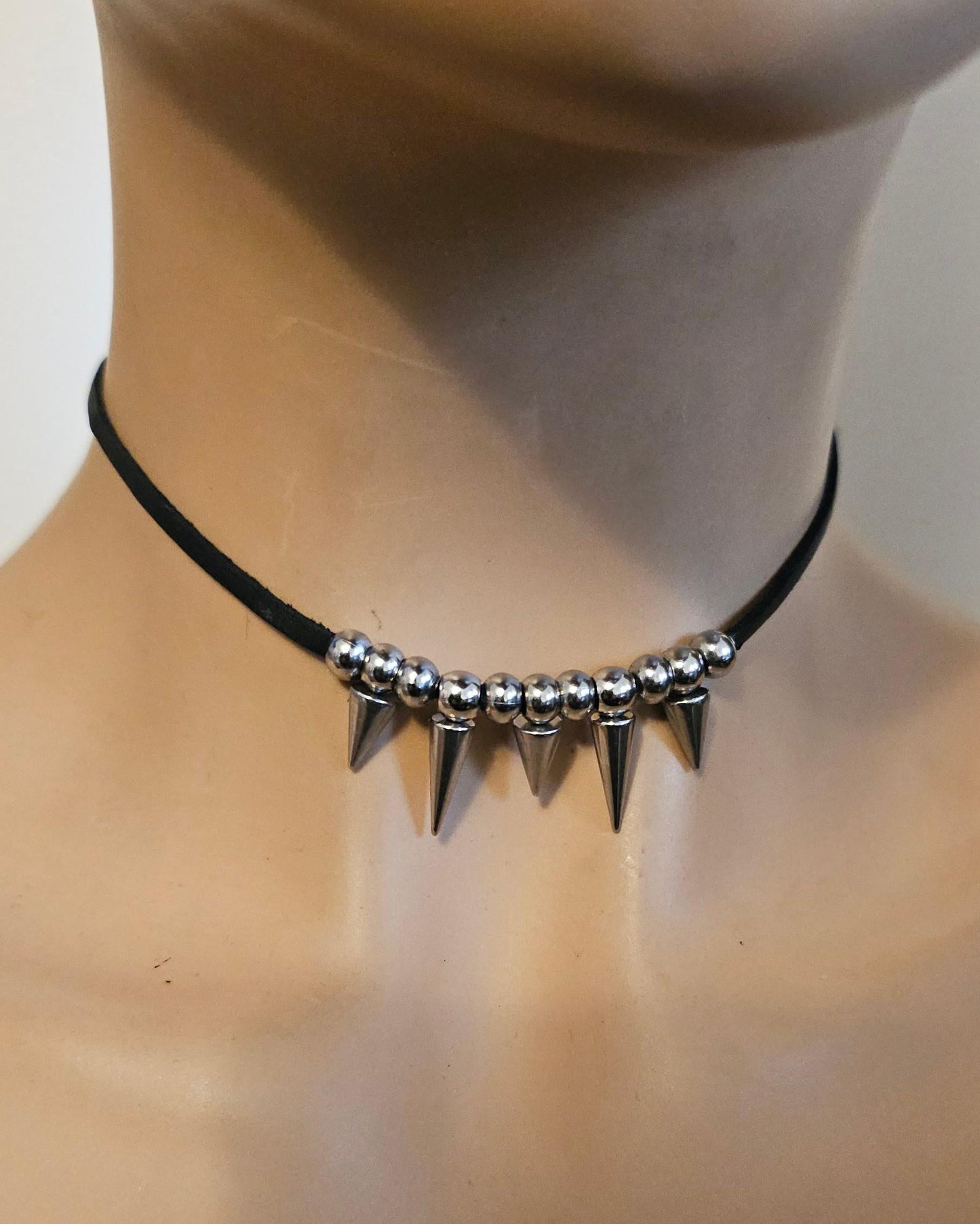 Boho Punk Leather & Steel Spike Beaded Choker Necklace - Handmade Hippy Grunge Alt Aesthetic Jewelry Gift for Her