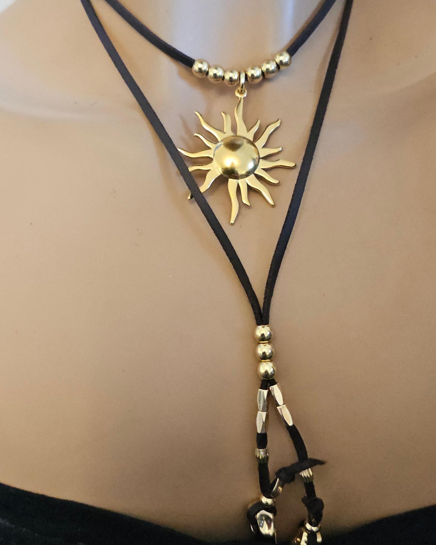 Sun & Gold Nugget Vegan Leather Beaded Boho Lariat Wrap Style Layered Choker Necklace - Handmade Bohemian Warrior Aesthetic Jewelry