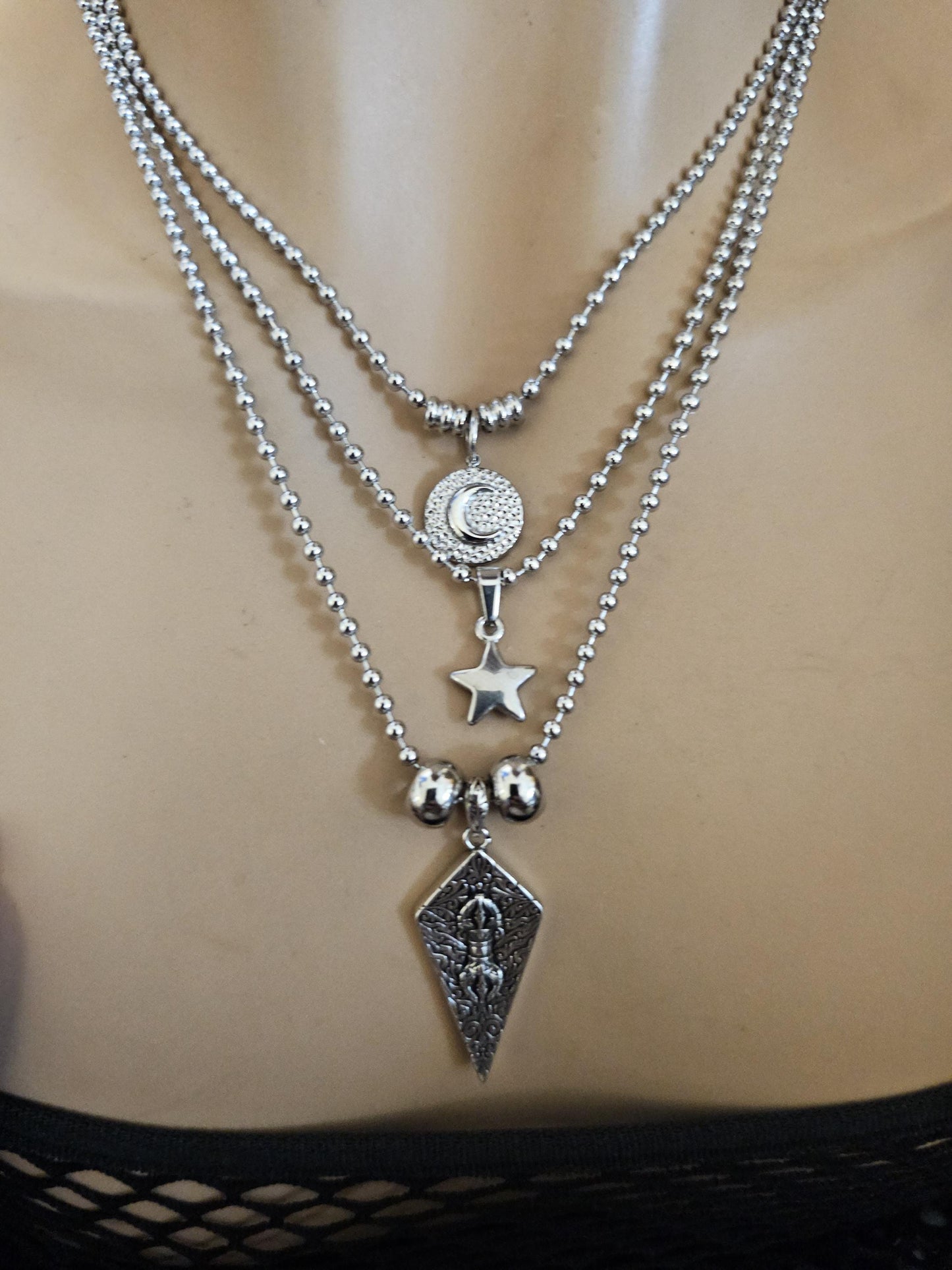 Vajra Dorje Abracadabra Pendant & Star Moon Charms Layered Stack Necklace, Spiritual Witchy Pagan Buddhist Aesthetic Protection Jewelry