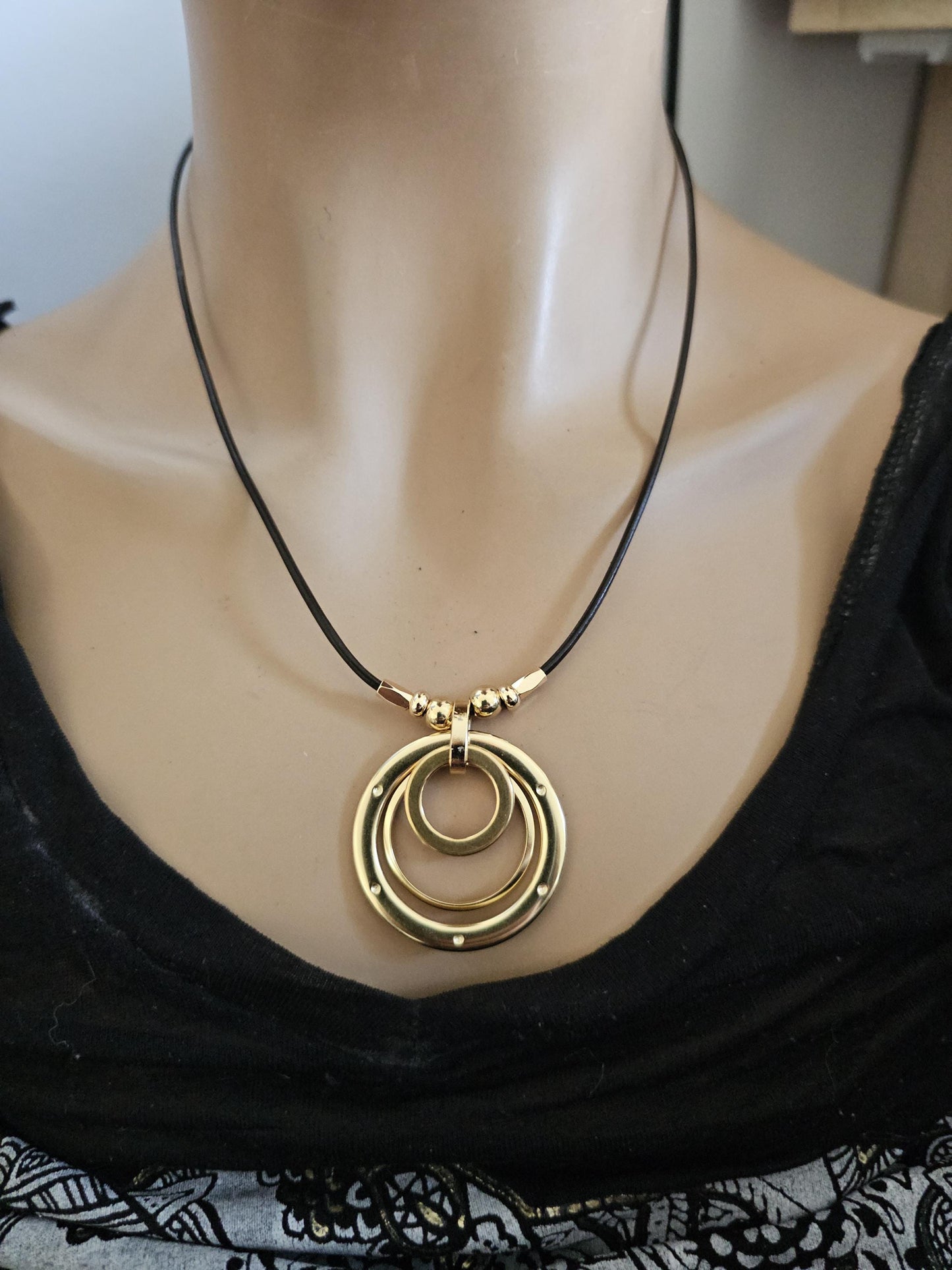 Leather & Gold Beaded Eternity Circles Boho Style Pendant Necklace - Handmade Bohemian Gold Plated Warrior Aesthetic Jewelry Gift for Mom