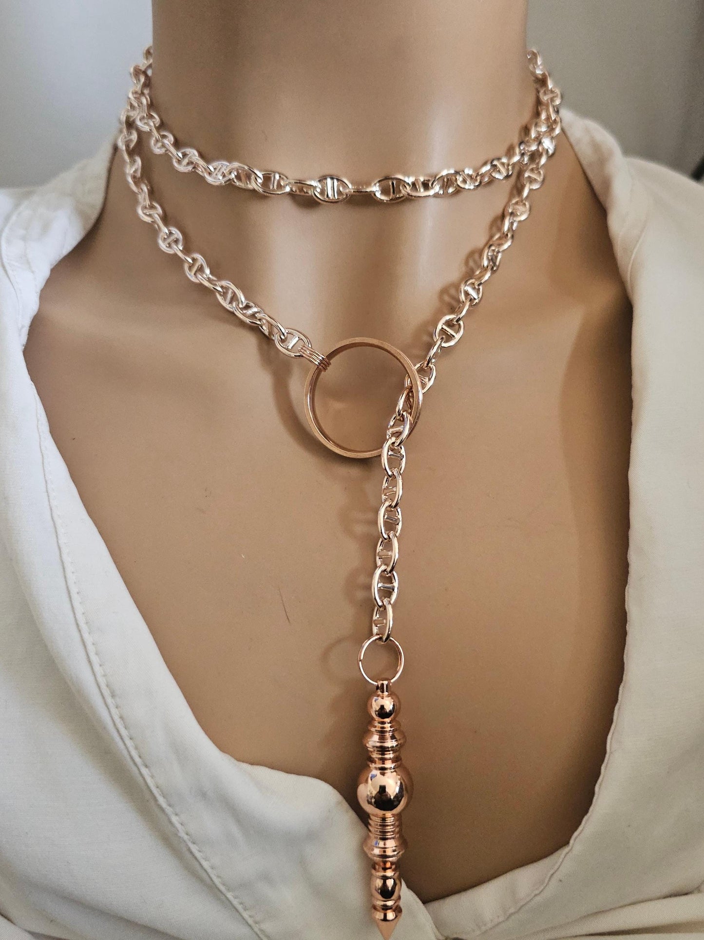 Rose Gold Slip Chain Choker Leash Style Necklace - BD aesthetic choker, submissive couples jewelry, luxury Punk Goth glam
