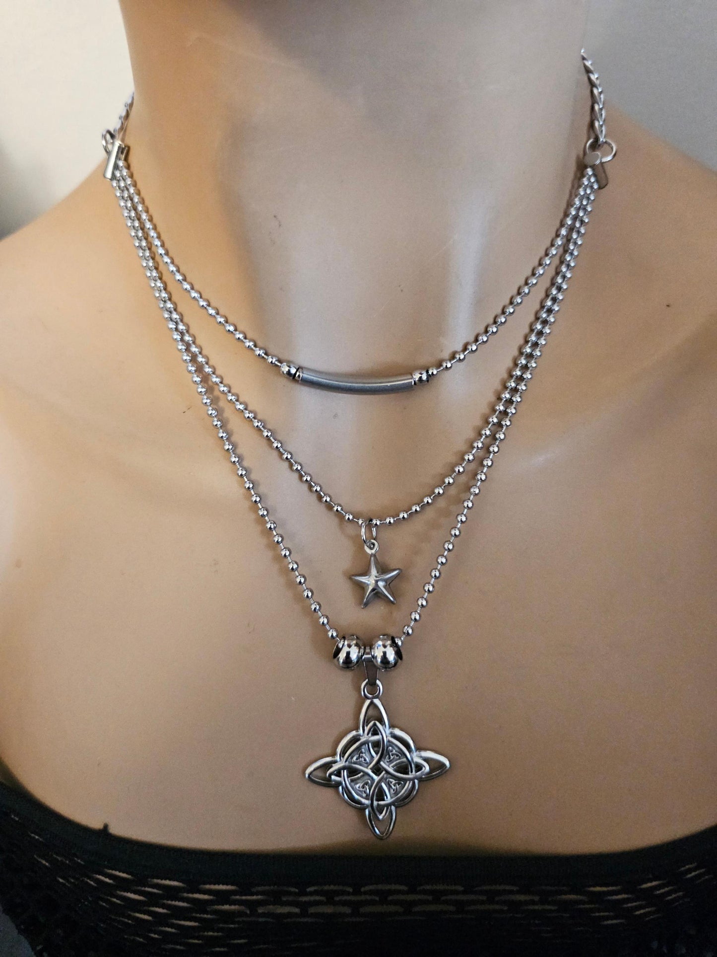 Witch Knot Triquetra & Horn Moon Steel Pendant Layered Stack Necklace, Witchy Pagan Aesthetic Handmade Gothic Punk Choker Collar