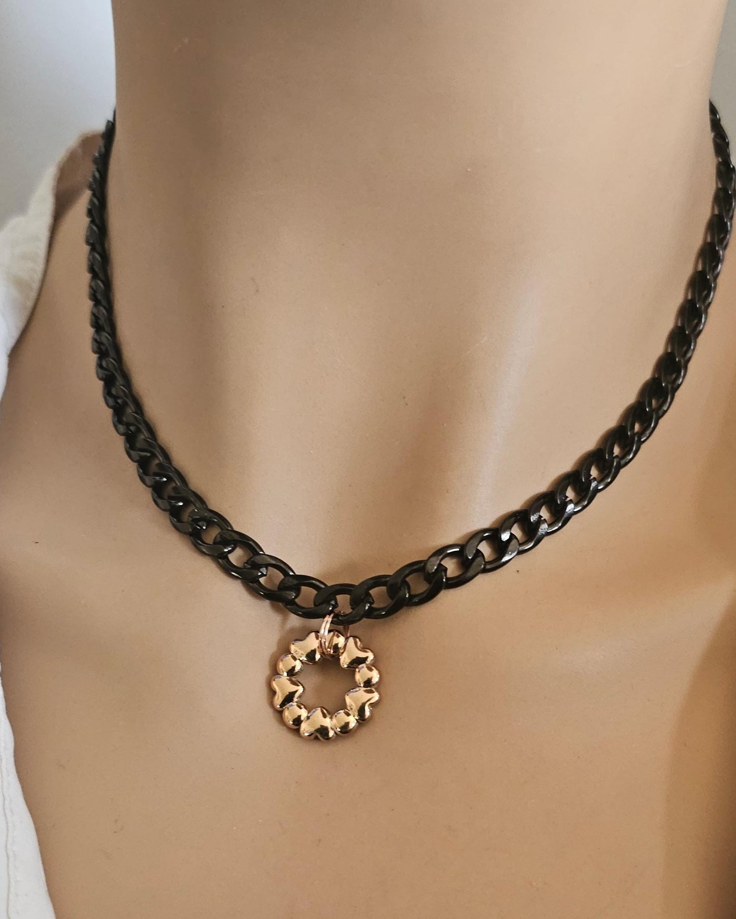 Steel BDSM Sub Day Collar Choker Necklace | Submissive Jewelry Style with Hearts Permanent Locking Clasp Option, Gift for Her, Couples