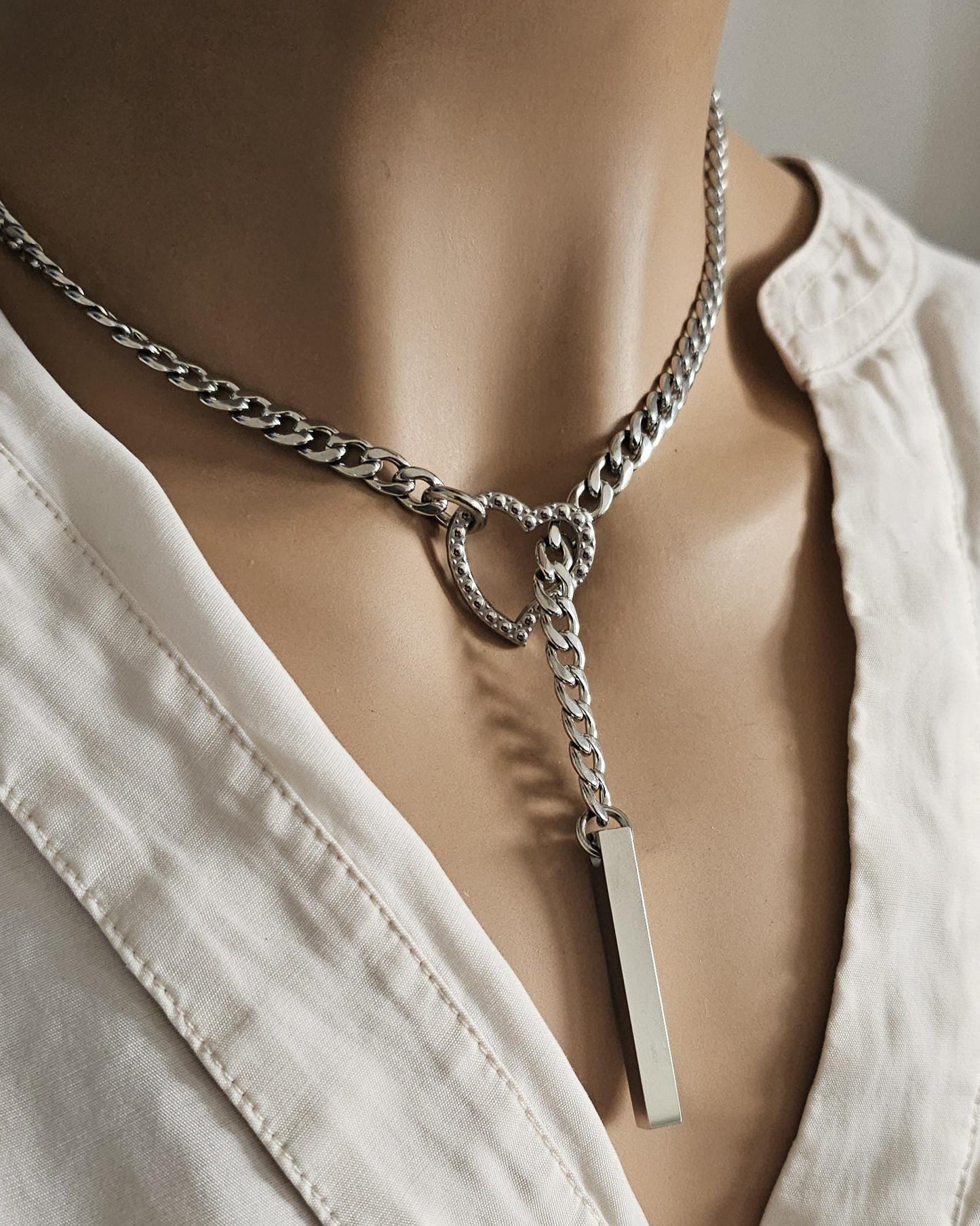 Steel Slip Chain Lariat Choker Wrap Necklace Heart & Bar pendant | Intimate Handmade Tuggable Jewelry for Couples, gift for her