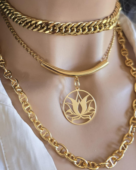 Gold Layered Multi Strand Chunky Chain Lotus Pendant Necklace Set -Handmade Edgy statement aesthetic stacked jewelry gift for her