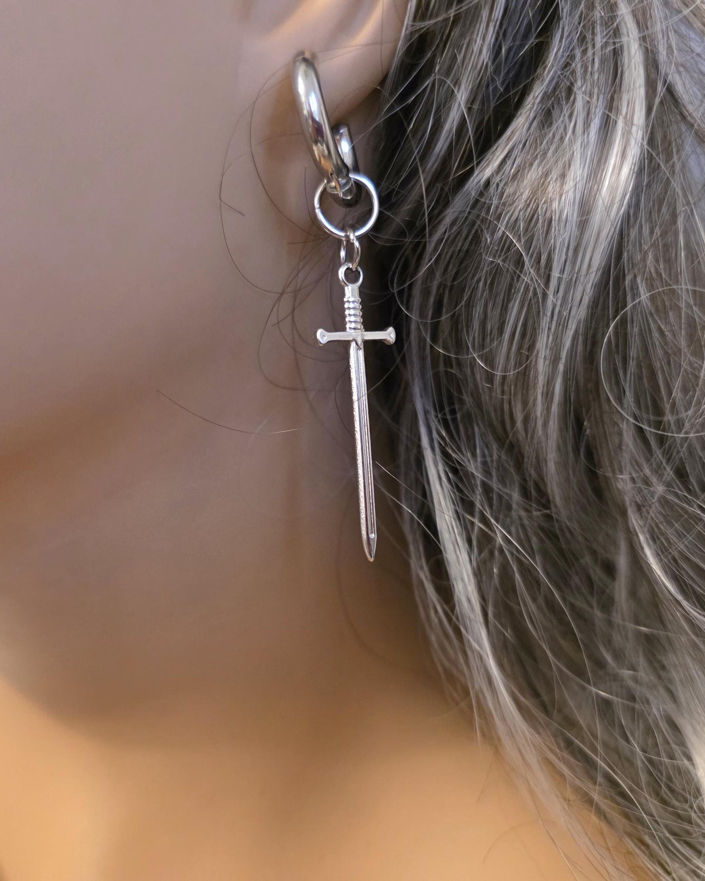 Sword Punk Funky Dangle Huggie Hoop Earings, all stainless steel, grunge punk earrings, goth jewelry