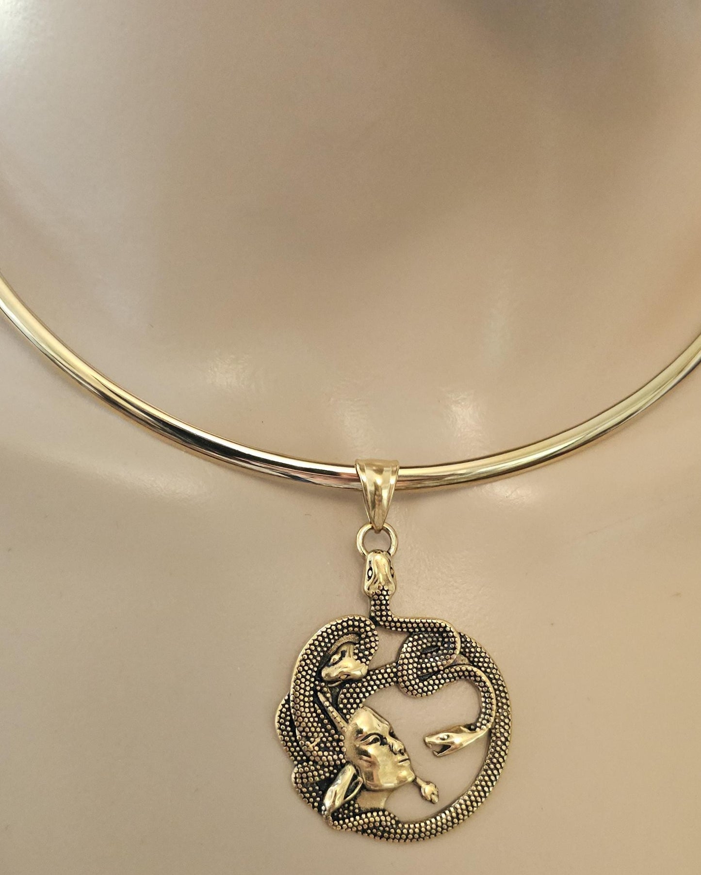 Gold Plated Medusa Snake Medallion Pendant on Rigid Torque Collar Choker Necklace - Handmade jewelry gift for her, best friend gift