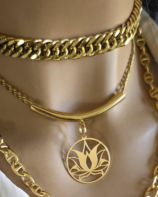 Gold Layered Multi Strand Chunky Chain Lotus Pendant Necklace Set -Handmade Edgy statement aesthetic stacked jewelry gift for her