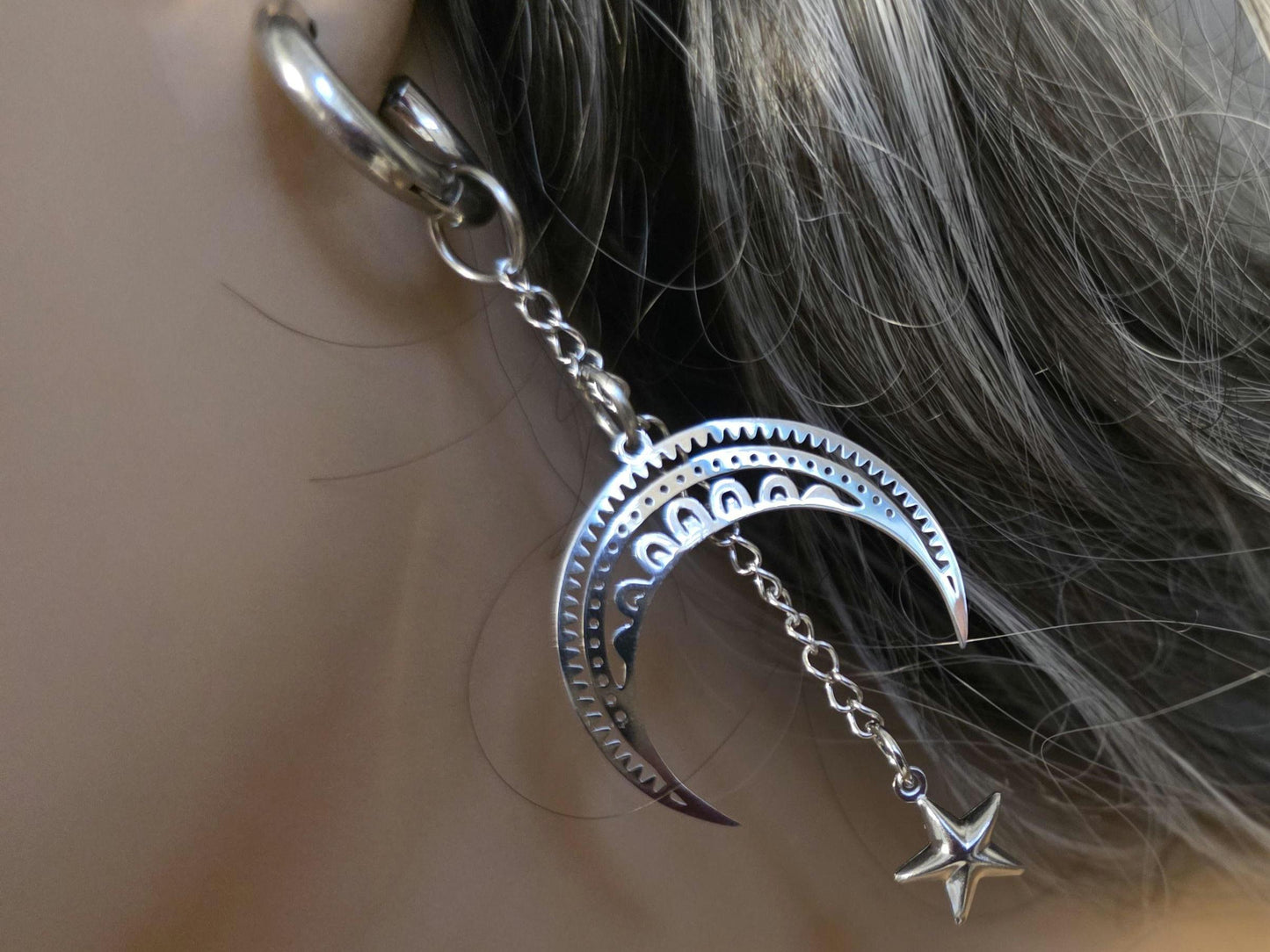 Moon Crescent Star Celestial Witchy Dangle Earings, all stainless steel, grunge punk earrings, goth moon jewelry