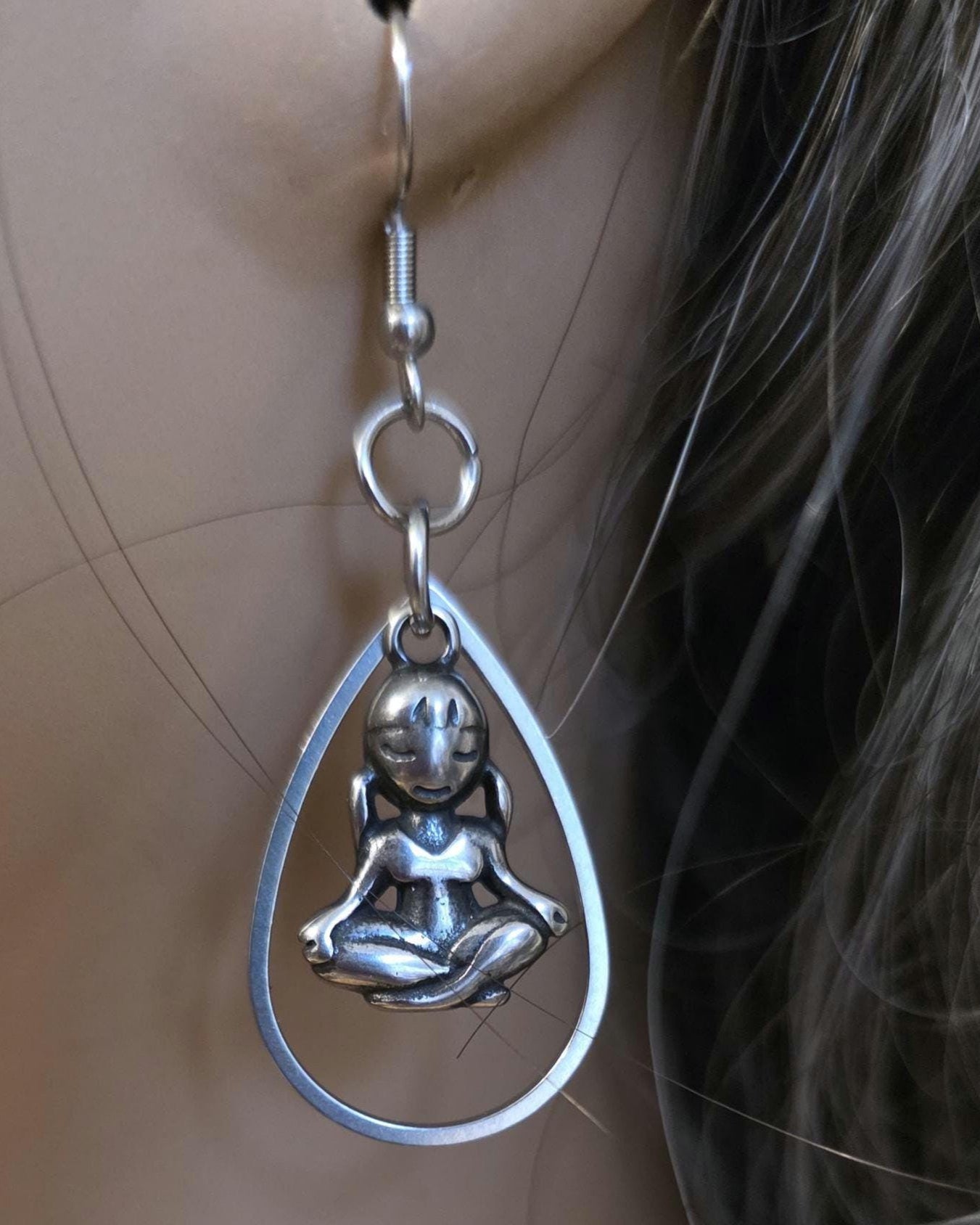 Cute meditation Om Dangle Earrings - Surgical Steel Ear Wire, handmade boho jewelry, earthy hippy earrings, hippie jewelry