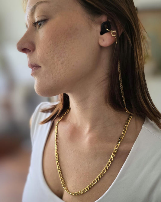 Loops Earplugs Keeper Necklace, Gold Layered Multi Strand Mens & Womens ADHD Autism Sensory Jewelry, Anti-Loss Earbud Necklace