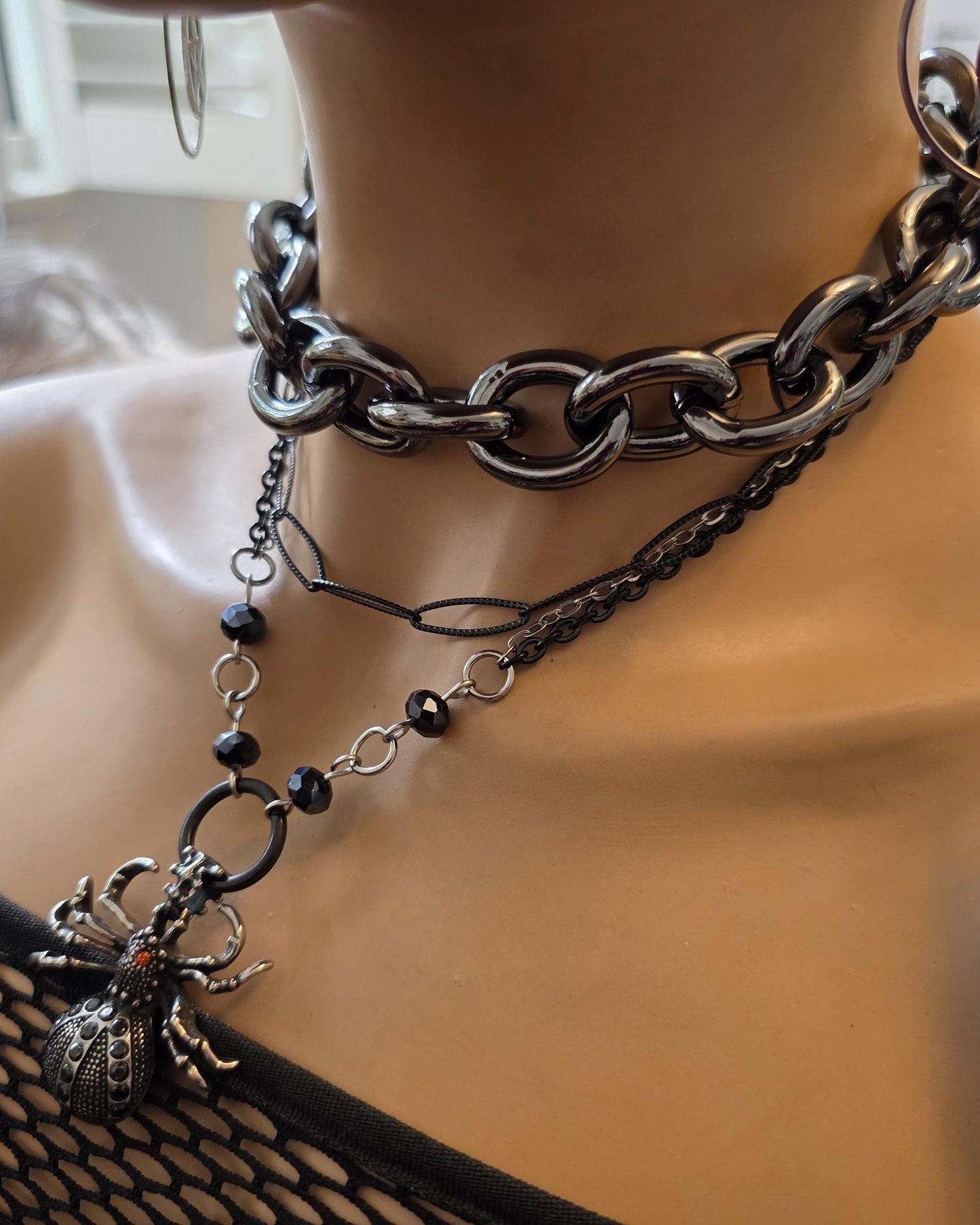 Goth Punk Spider Pendant Multi Strand Layered Choker Necklace | Gothic Glam Aesthetic statement, layered necklaces handmade jewelry gift for