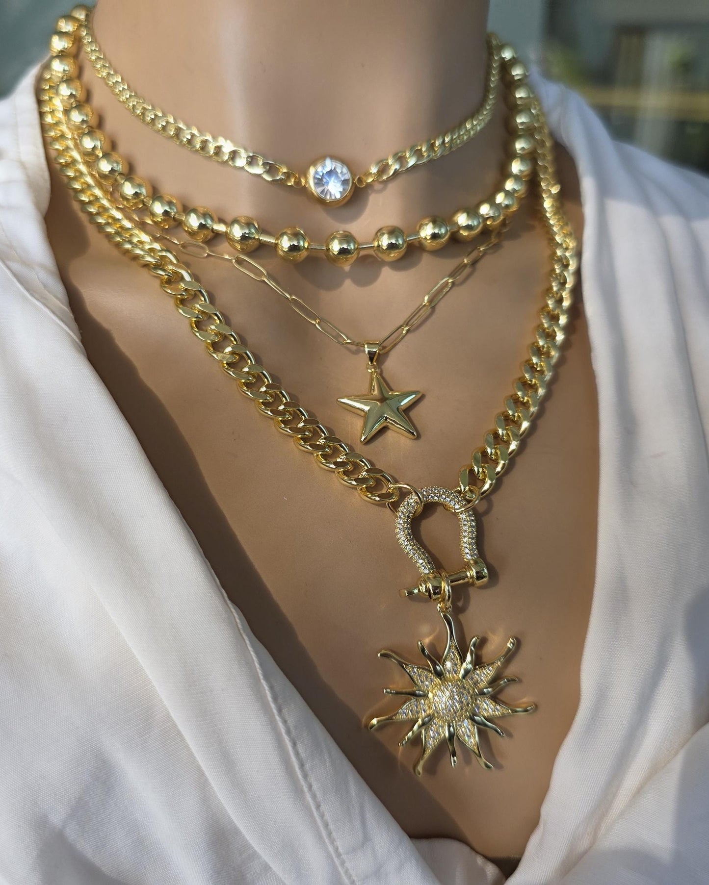 Gold Layered Multi Strand Chunky Chain Sun Star Pendant Necklace Set - Handmade Oversized Stacked Maximalist statement jewelry gift for her