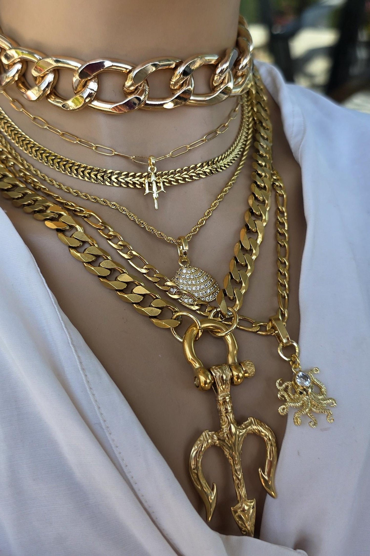 Gold Tritan Ocean Theme Layered Multi Strand Chunky Chain Pendant Necklace Set - Handmade Oversized Stacked statement jewelry gift for her