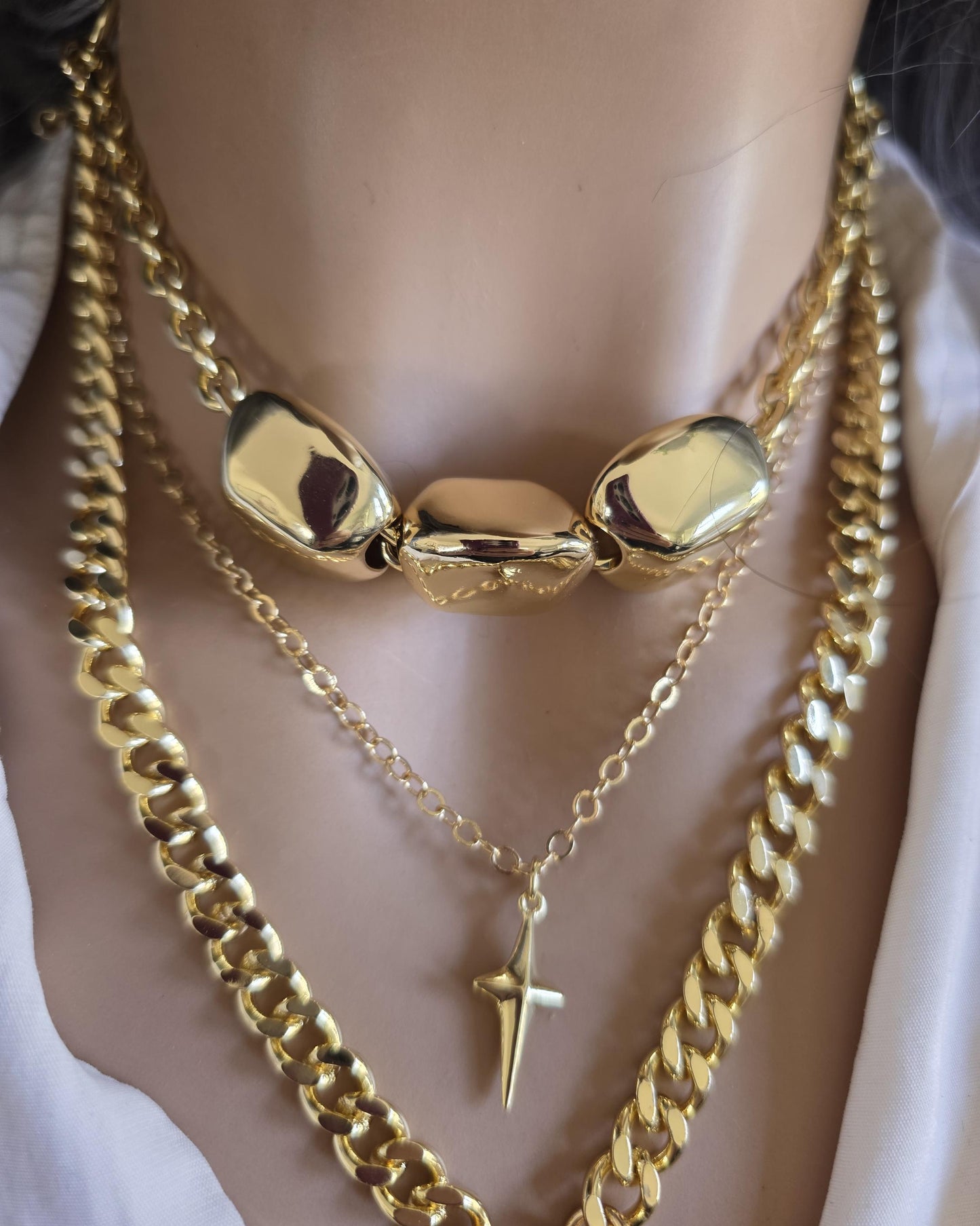 Gold Layered Multi Strand Chunky Chain Necklace Set with Coin Medallion, North Star Polaris, and Gold Nuggets