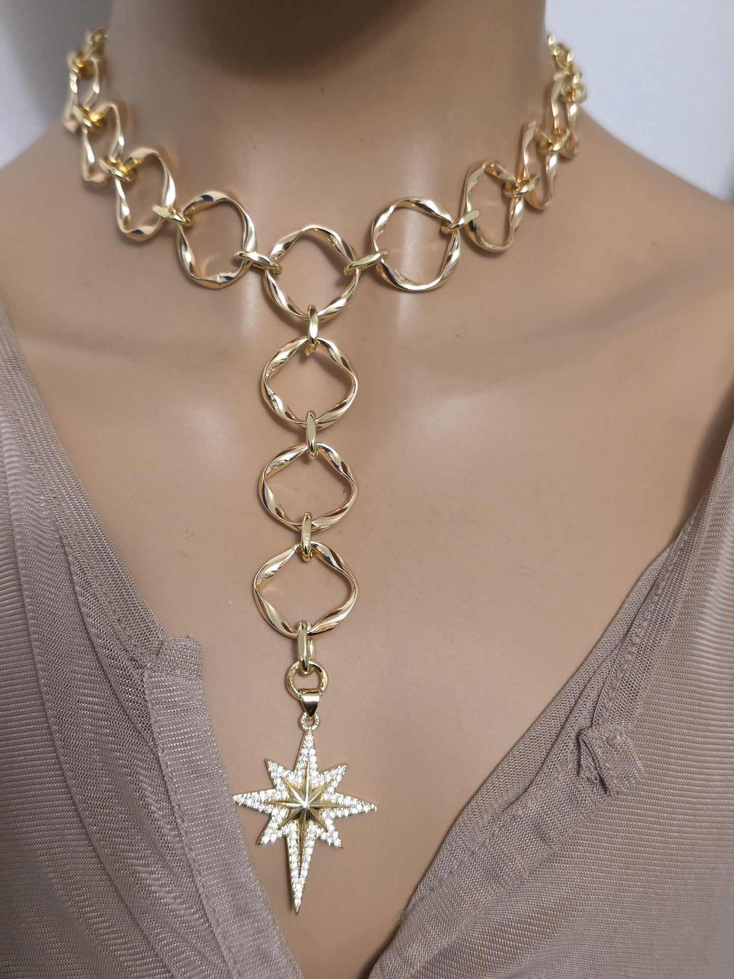 Gold Polaris North Star Celestial Pendant Statement Necklace: Cubic Zirconia Choker