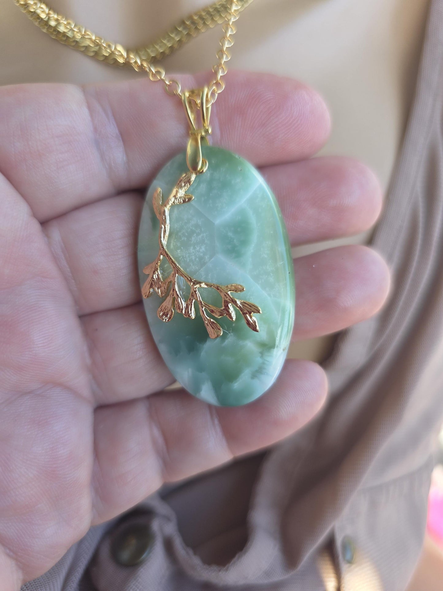 Hemimorphite Leaf Pendant Layered Necklace Set: 18k Gold Plated Boho Healing Jewelry