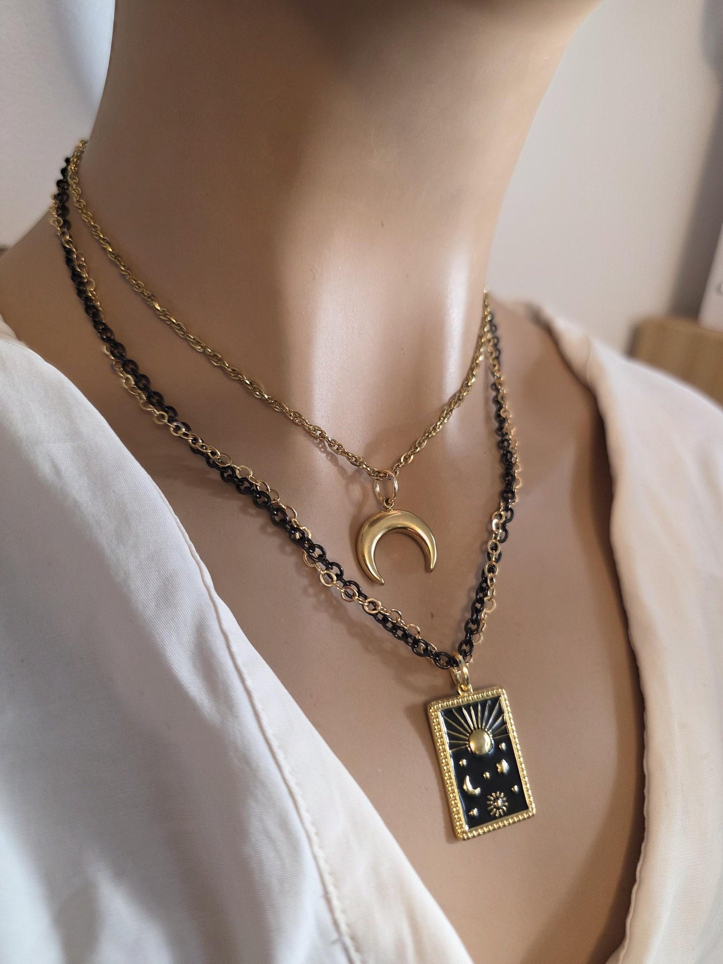 Celestial Moon, Sun, Stars Gold & Black Norse Layered Necklace | Viking-Inspired Celestial Amulet