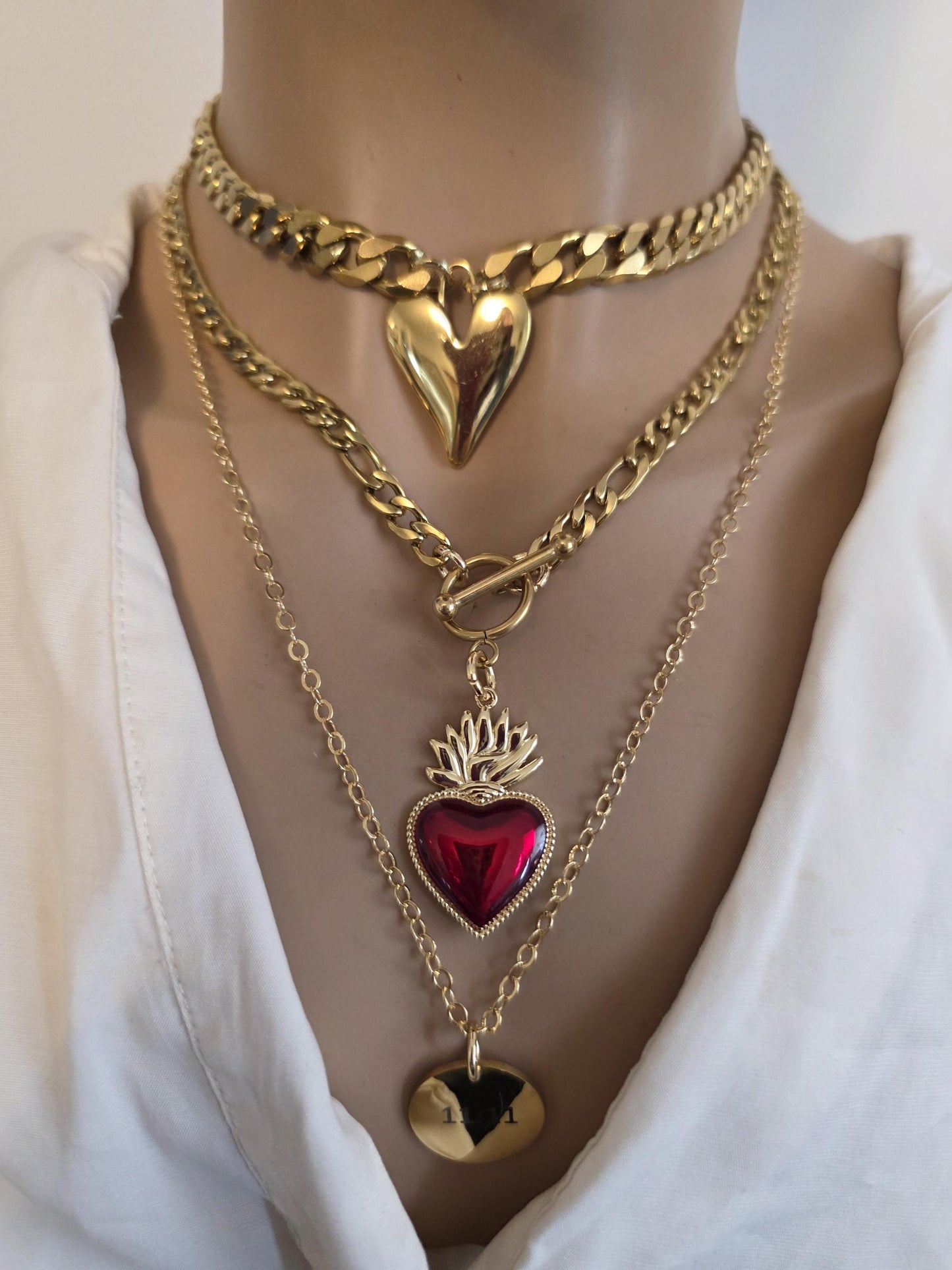 Gold Sacred Heart Layered Pendant Necklace Set - 3 Separate Necklaces, Angel Number 11:11
