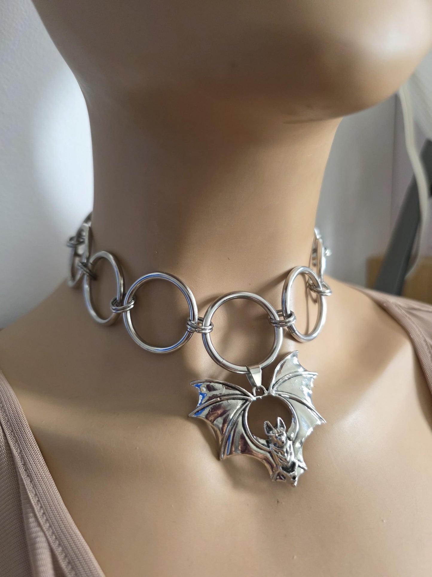 Bat Pendant Chainmail Choker Necklace: Gothic Occult Collar, Stainless Steel