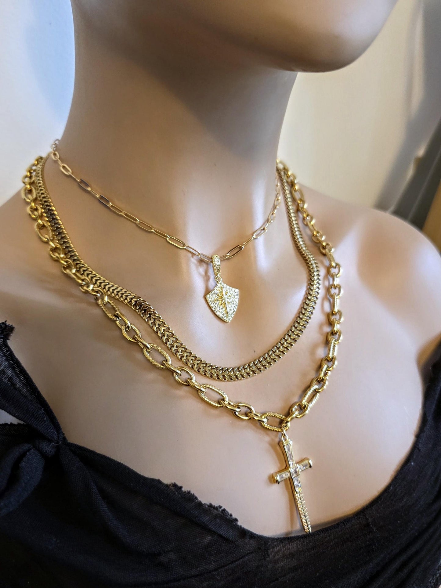 Sword & Shield Gold Layered Multi Strand Chunky Chain Choker Collar Necklace Set - Handmade Luxury statement jewelry